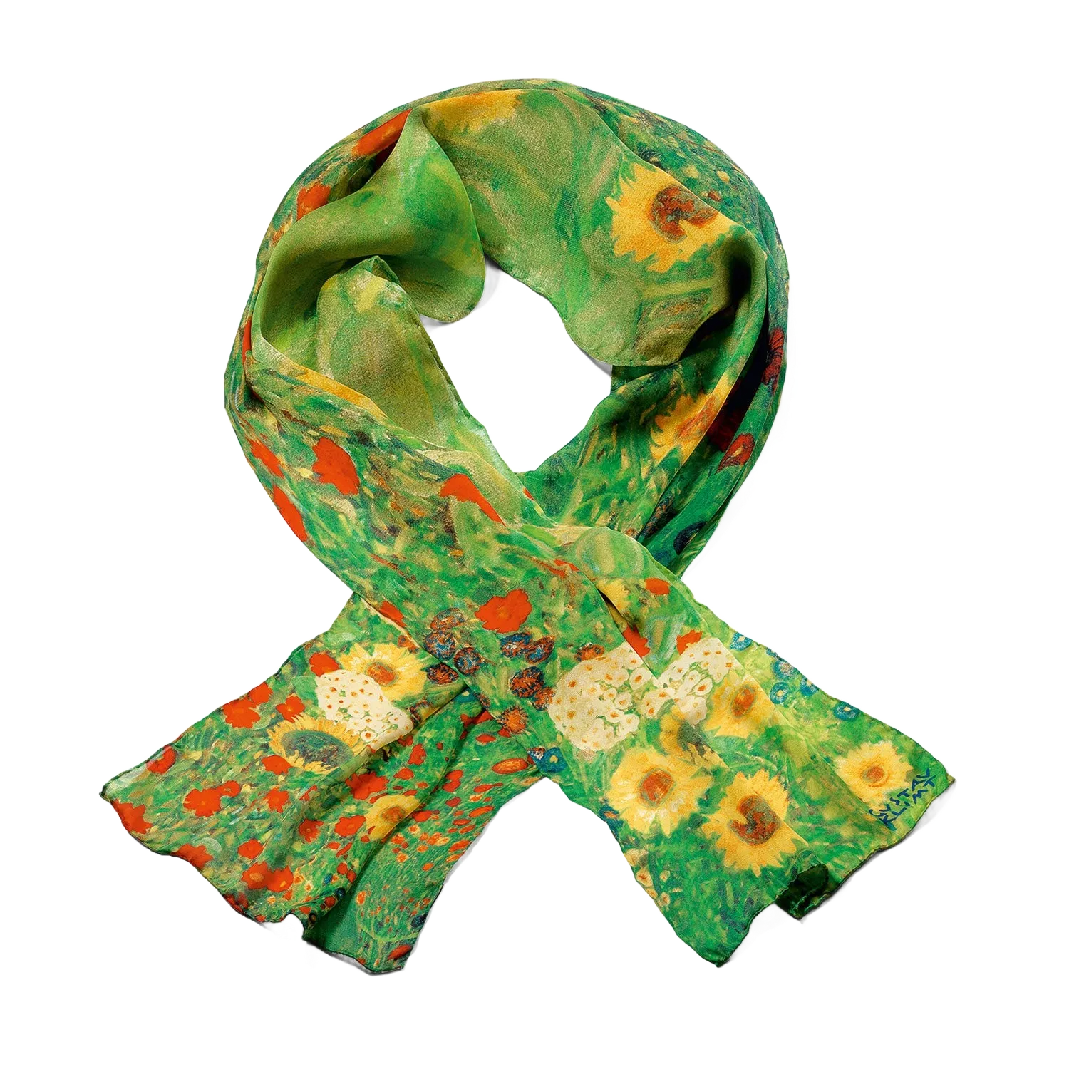 Seidenschal "Bauerngarten mit Sonnenblumen" mit Klimt-inspiriertem Blumendruck.