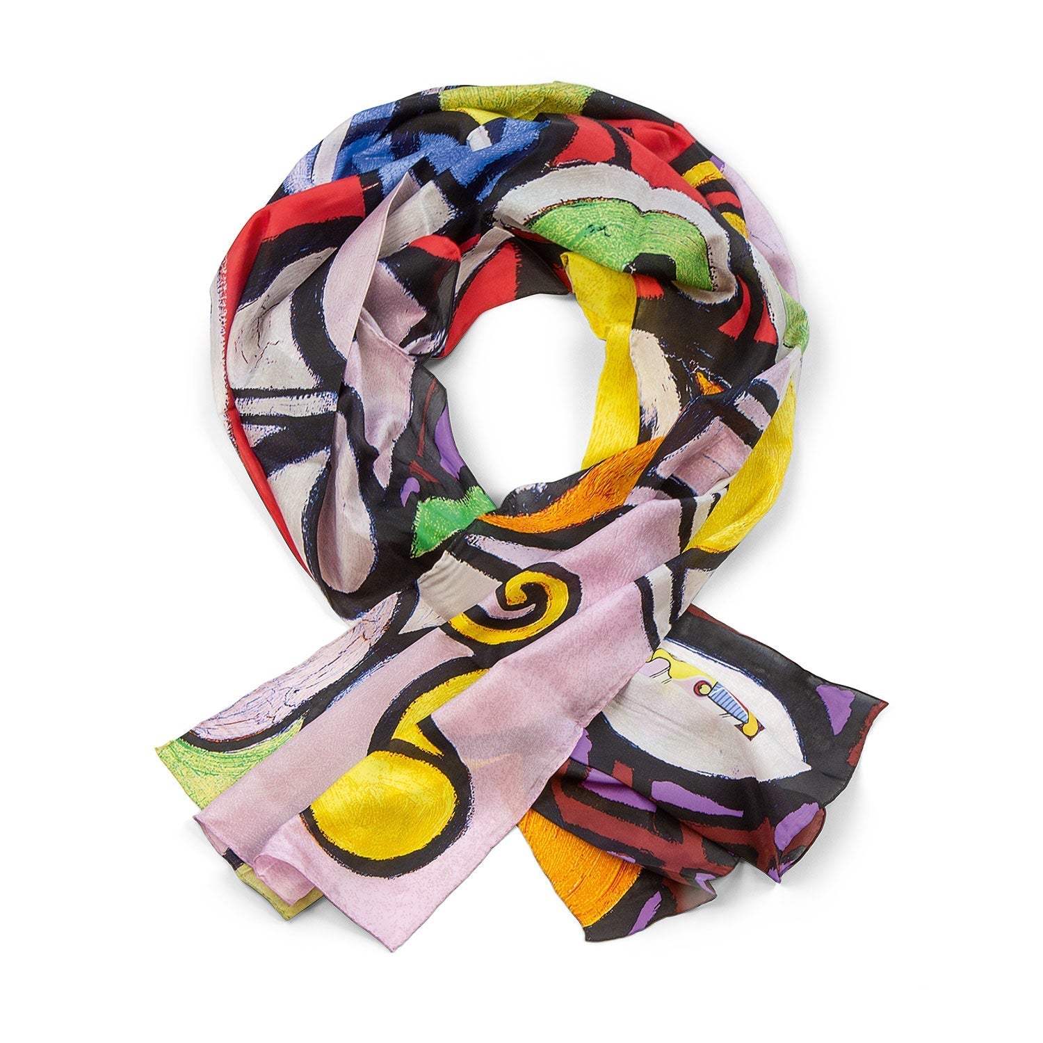 Der Seidenschal „Großes Stillleben am Säulentisch“ ist ein leichter, farbenfroher Schal mit einem abstrakten, Picasso-ähnlichen Muster in Gelb, Rot, Grün, Schwarz, Rosa und Lila auf einer lockeren, kreisförmigen Falte vor weißem Hintergrund.