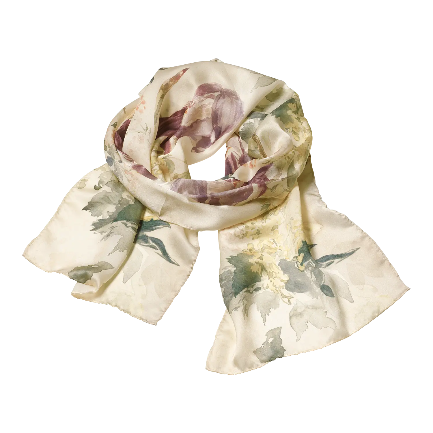 Seidenschal "Hommage à Manet" in Creme mit zarten pastellfarbenen Blumenmustern.
