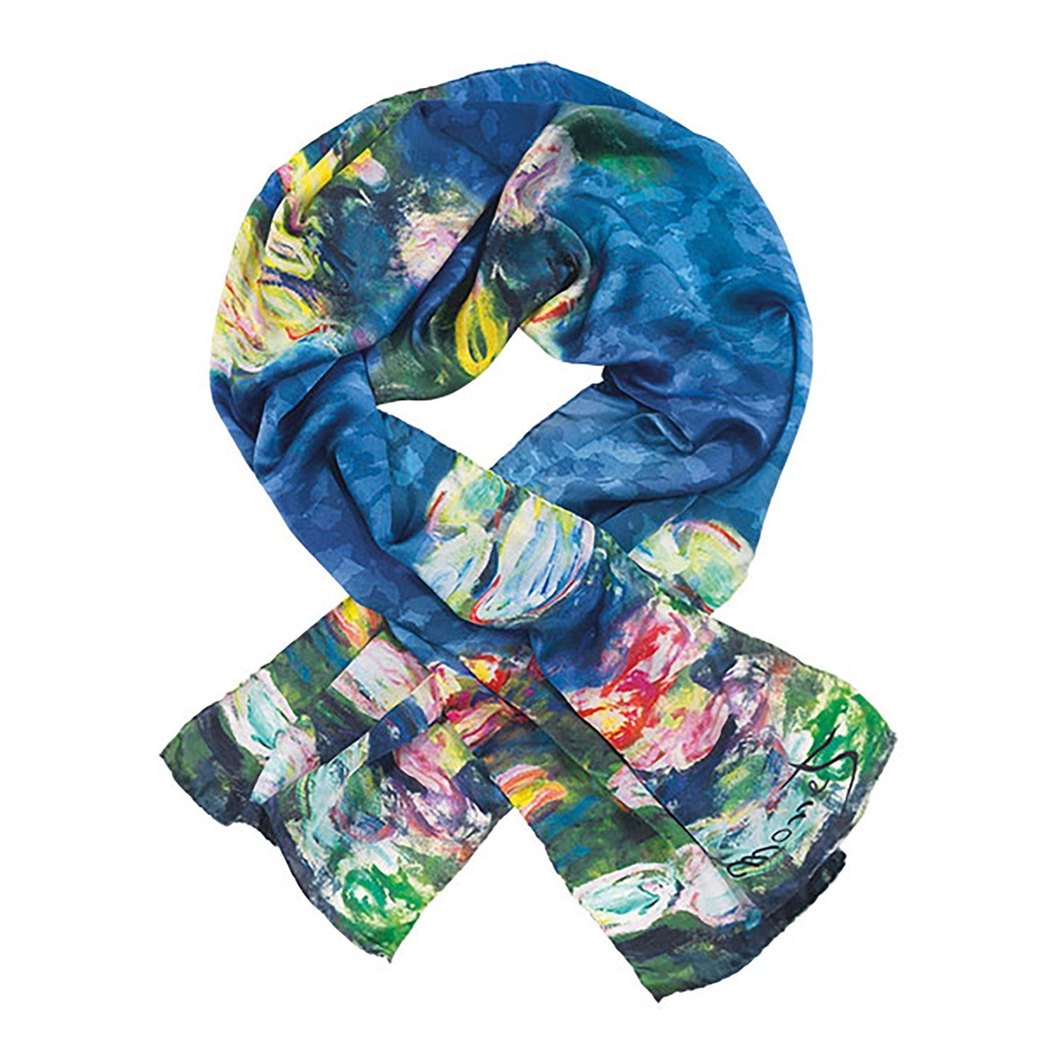 Der Seidenschal „Seerosen“ präsentiert einen lebendigen Print mit wirbelnden blauen, grünen, rosa und gelben Mustern, die an ein abstraktes Kunstwerk erinnern, das an Claude Monets impressionistische Werke erinnert. Er wird flach ausgelegt, wobei ein Ende unter das andere gesteckt wird.