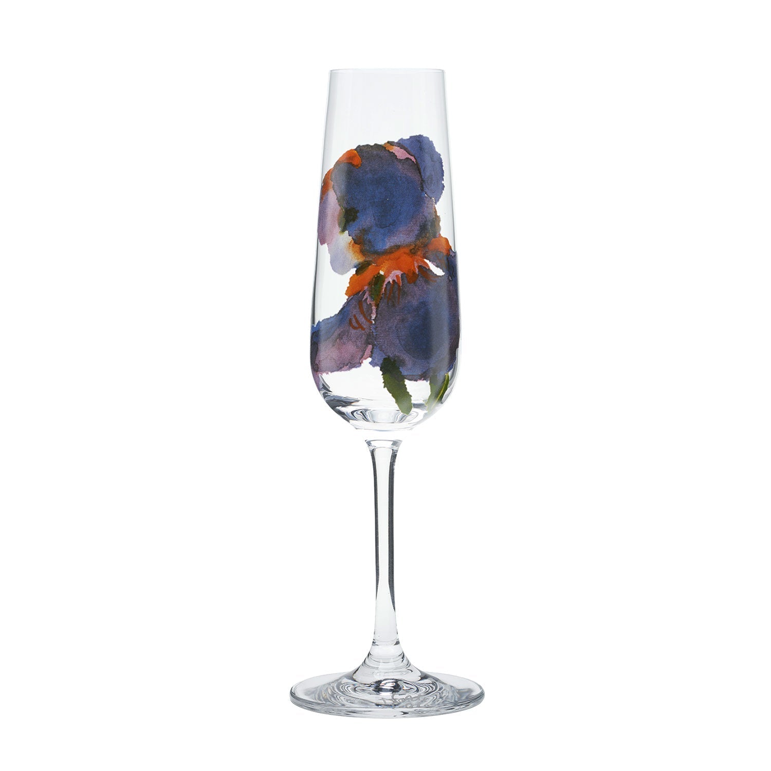 Ein klares Champagnerglas aus dem 4-teiligen Sektgläser-Set „Sommerblumen“ zeigt auf seinem Kelch ein von Emil Nolde inspiriertes lila und orangefarbenes Blumenmuster mit einem hohen, schlanken Stiel vor einem schlichten weißen Hintergrund.