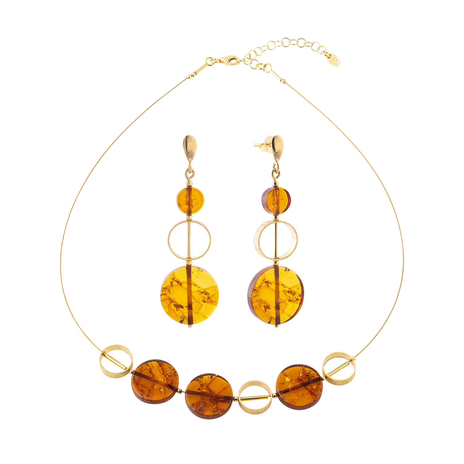 Schmuckset "Sinope" in Bernstein- und Goldtönen mit passenden Ohrringen.