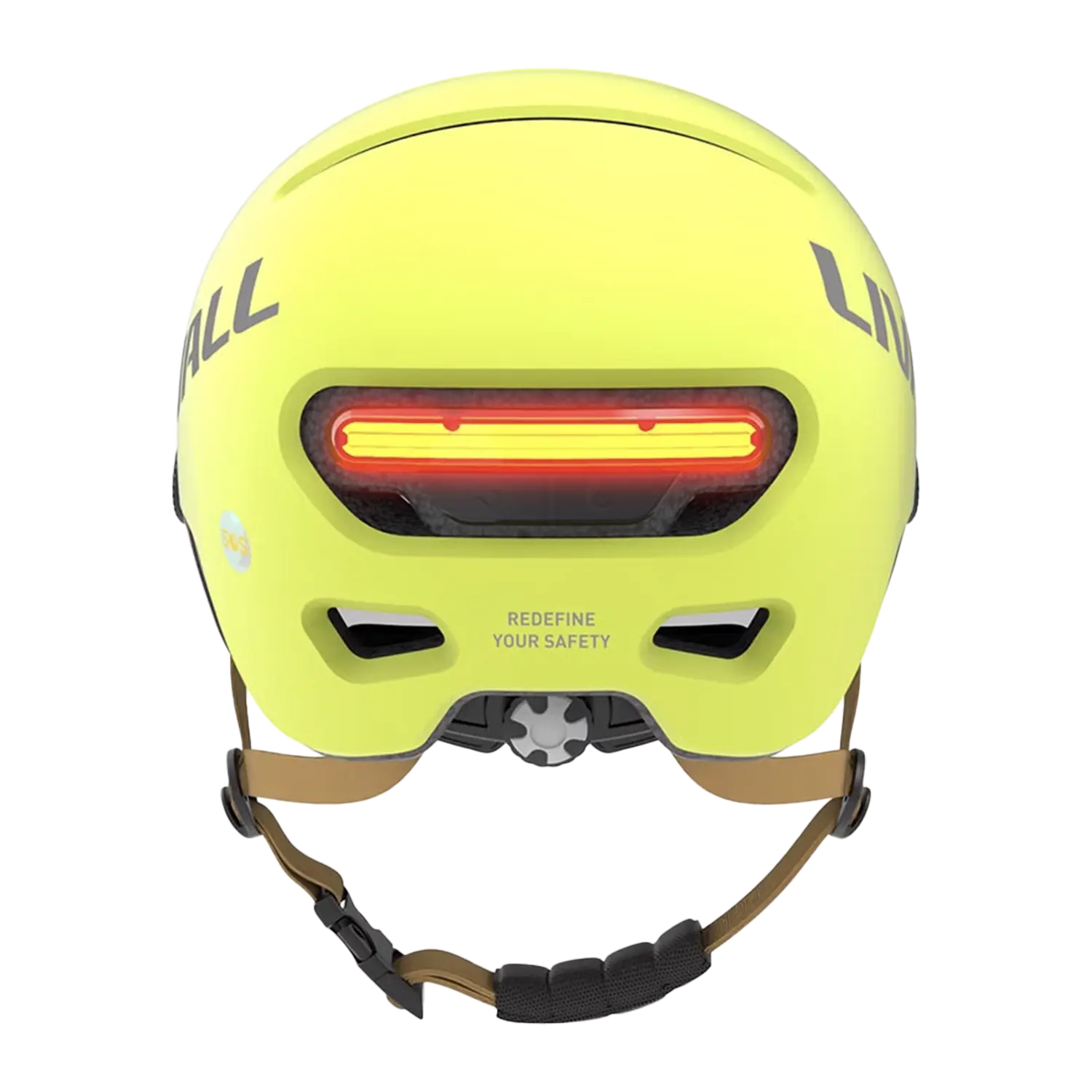 Ein leuchtend gelber Fahrradhelm mit Visier, Bremslicht und SOS-Alarm von hinten, mit rotem LED-Streifen, Belüftungslöchern, verstellbaren Riemen und der Aufschrift „REDEFINE YOUR SAFETY“ an der Unterseite. Mit SOS-Notruf-Leuchtfunktion für zusätzliche Sicherheit.