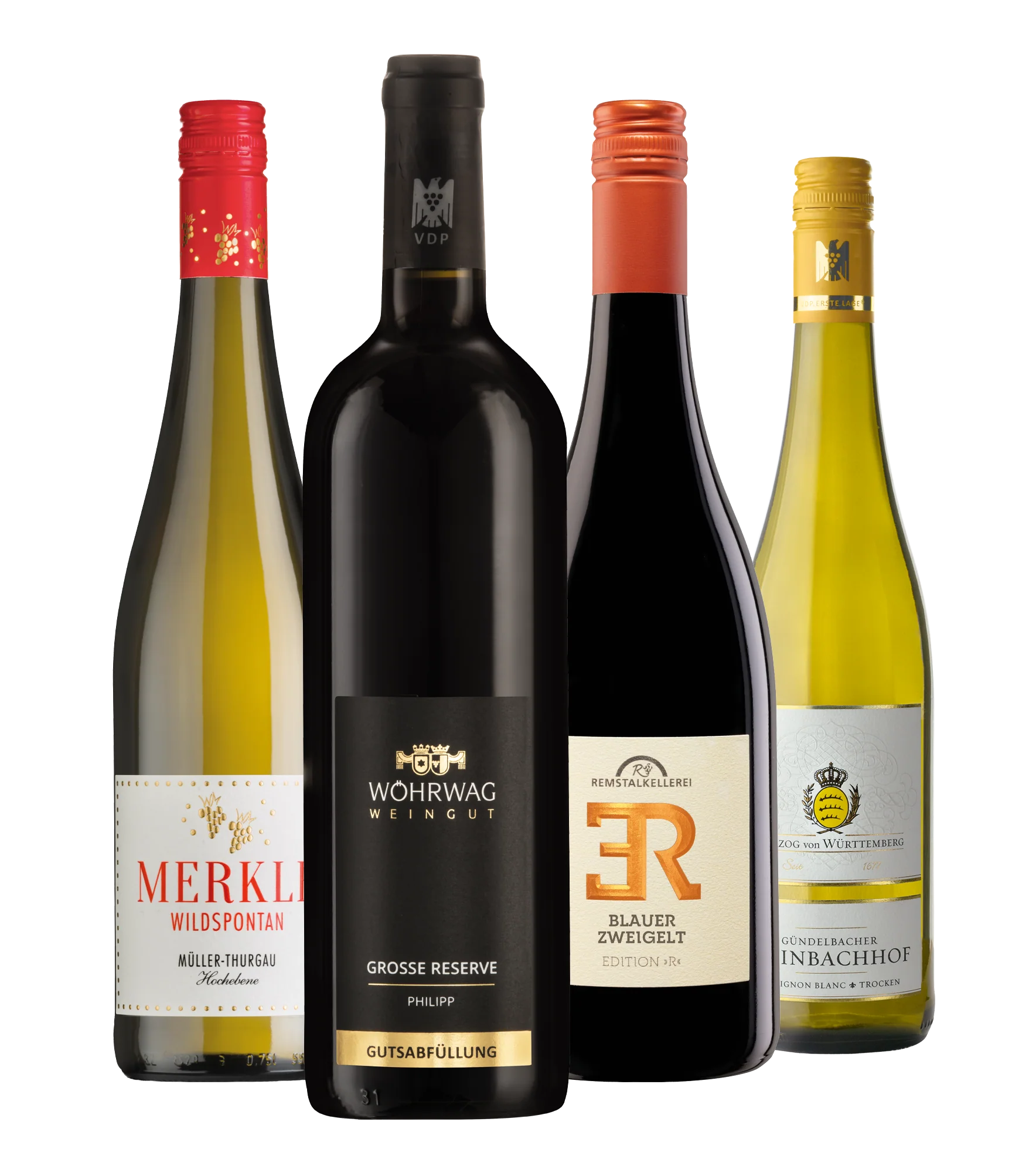 Siegerweinpaket Weinmeisterschaft 2025: vier Weine im Set nebeneinander.