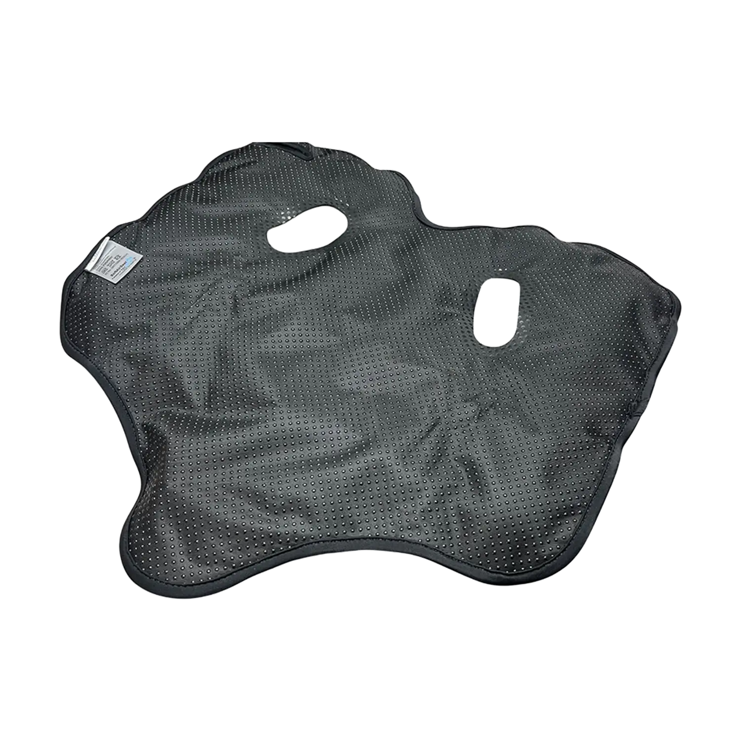 SoftAirSeatPro Sitzkissen: schwarze, gelochte Matte mit zwei ovalen Griffausschnitten.