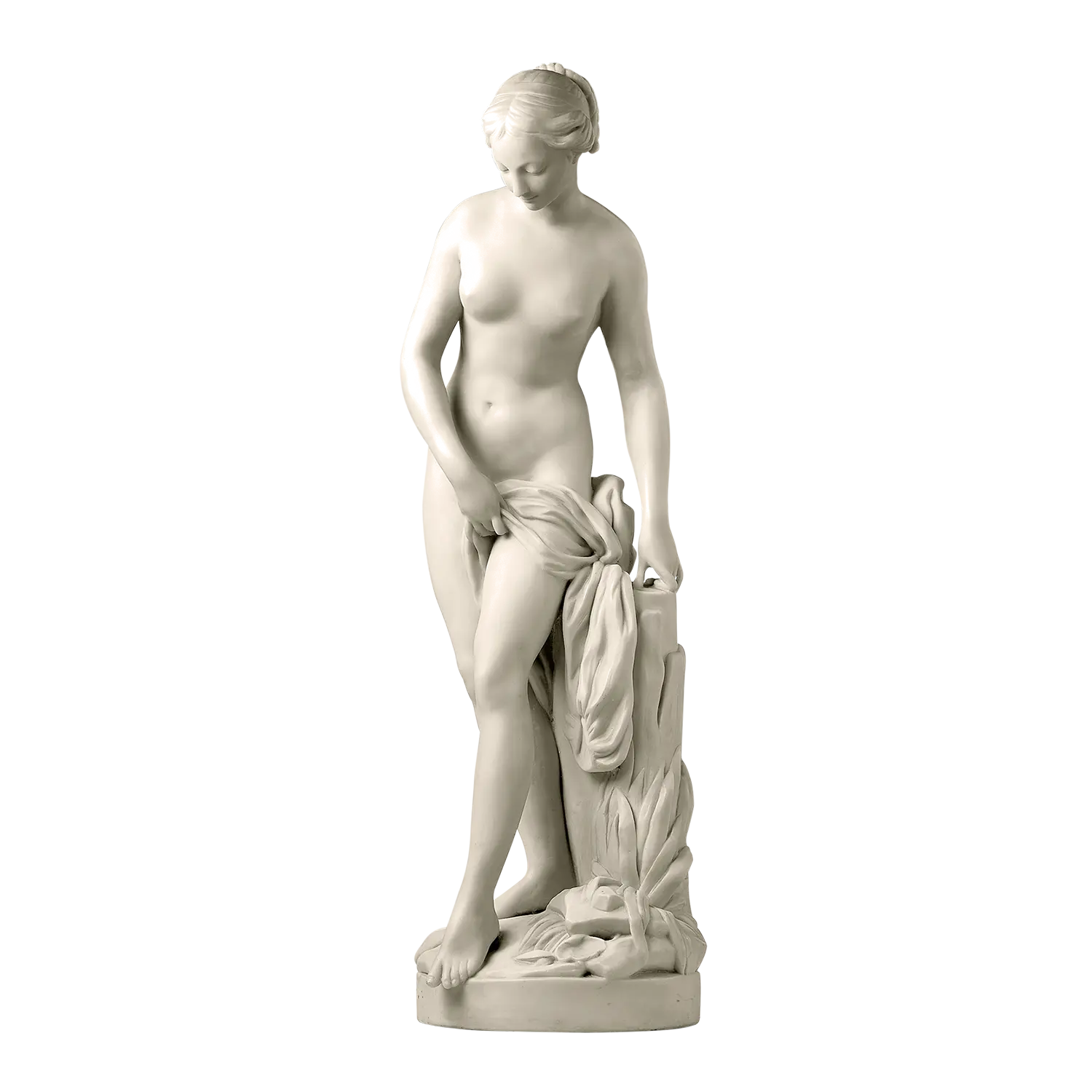 Die Skulptur "Badende" ist anmutig in weißen Marmor gehüllt, inspiriert von Falconet.