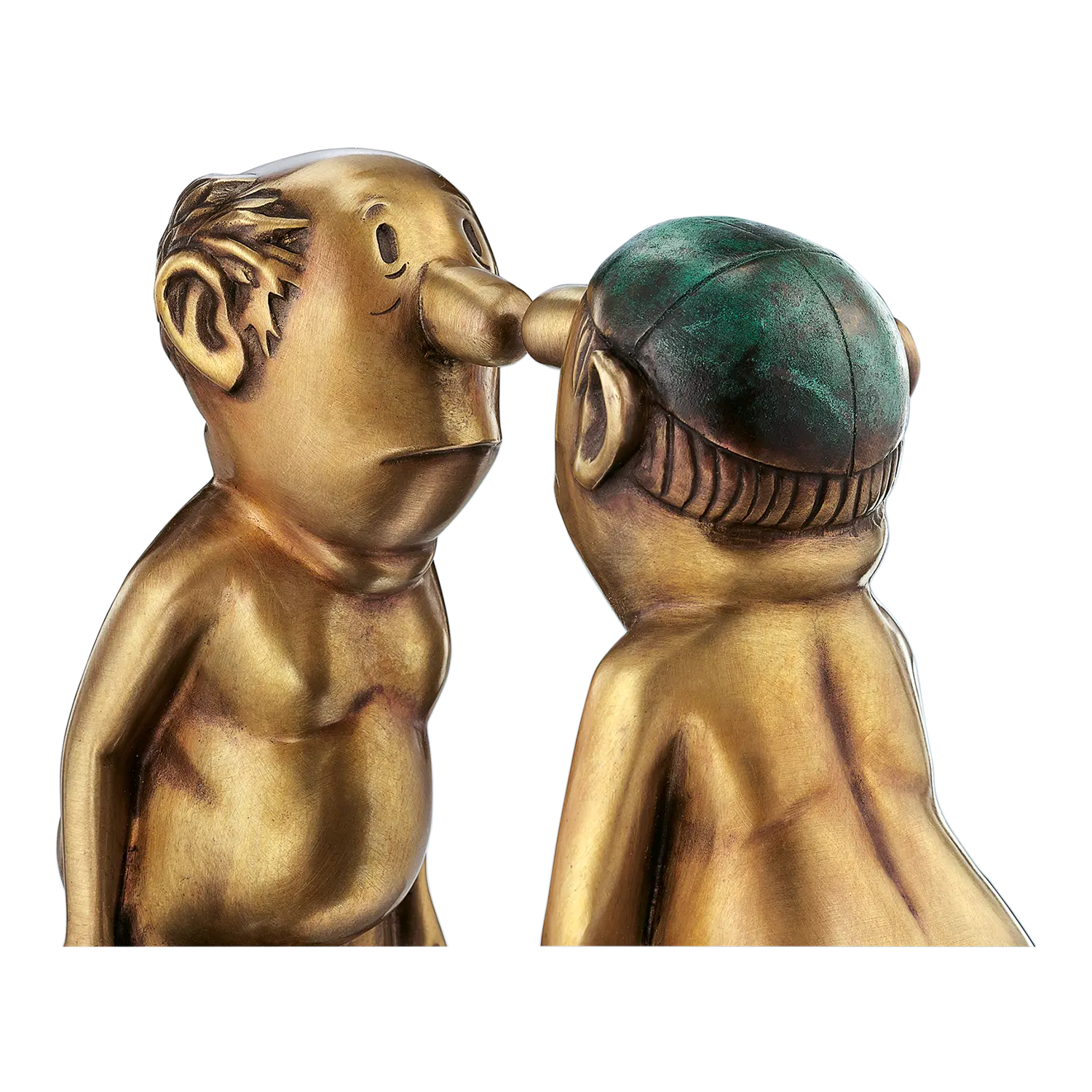 Zwei bronzene "Herren im Bad"-Figuren berühren sich an den Nasen, dicht nebeneinander.