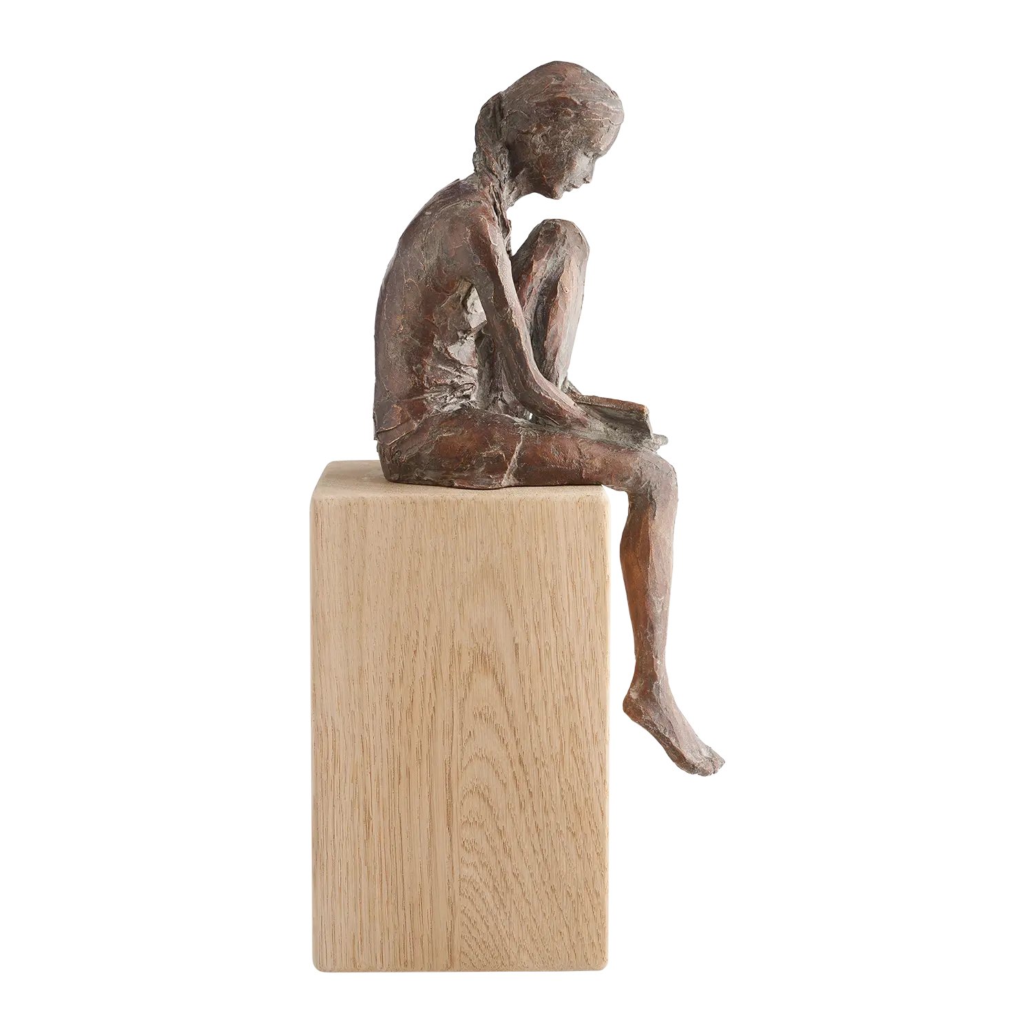 Lesende" Bronze-Skulptur mit Eichensockel, limitierte Edition von Valerie Otte.