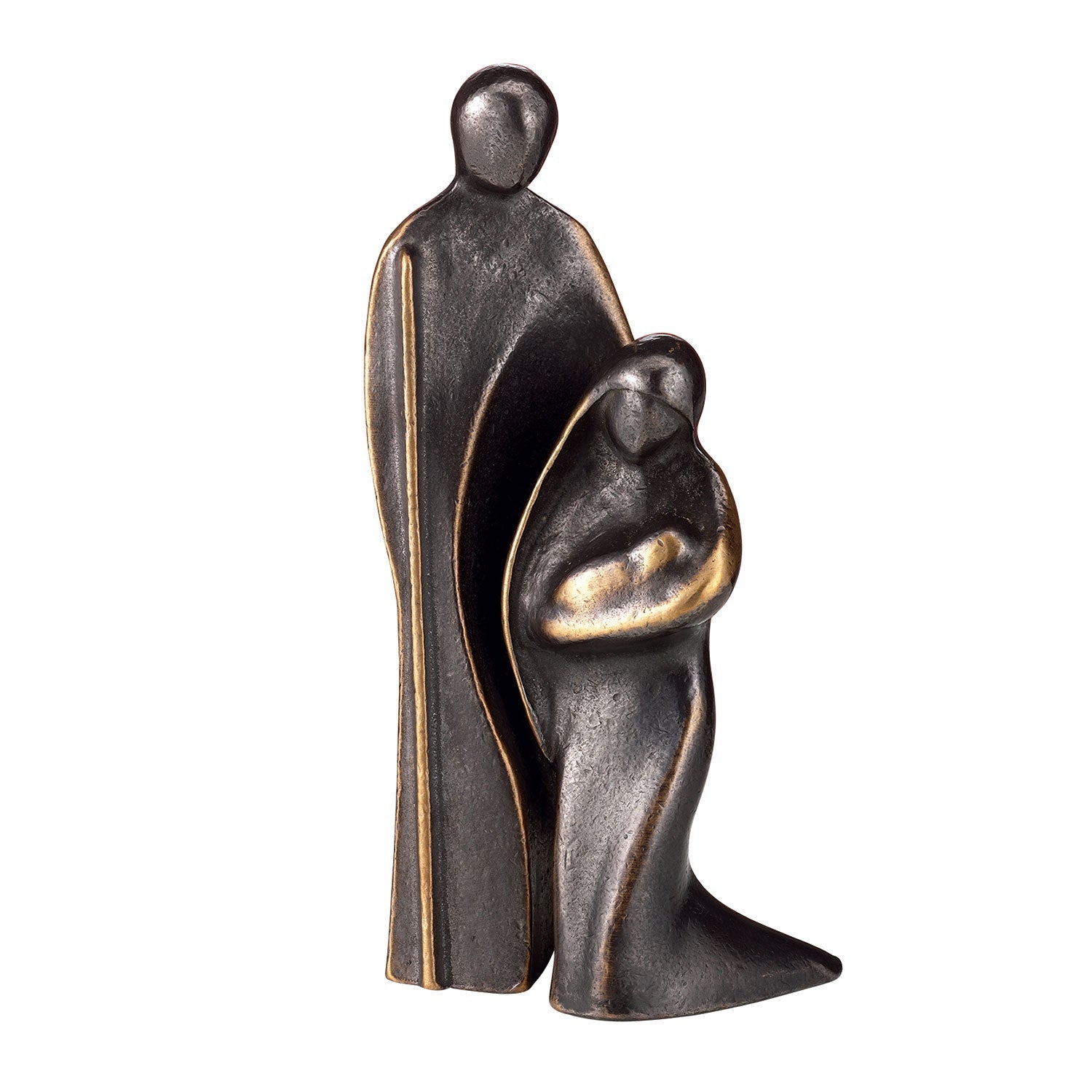 Die Skulpturengruppe „Die Heilige Familie“ ist eine Bronzeskulptur einer abstrakten Familie mit zwei stehenden Figuren und einem Kind. Sie wurde im Sandgussverfahren aus Rotgussbronze gefertigt und zeichnet sich durch minimalistische Gesichtsdetails und glatte Oberflächen mit sanften Rundungen im modernen Kunststil aus.