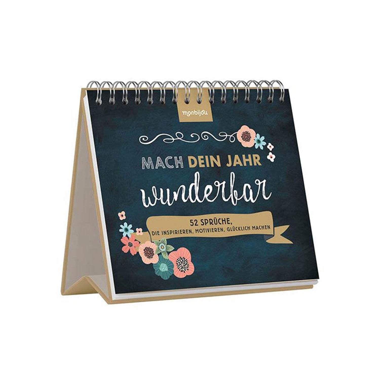 Der spiralgebundene Tischkalender „Mach dein Jahr wunderbar!“ präsentiert ein dunkles Blumendesign und bietet mit 52 inspirierenden Mottos den ultimativen Motivationskick für ein freudiges und erfülltes Jahr.