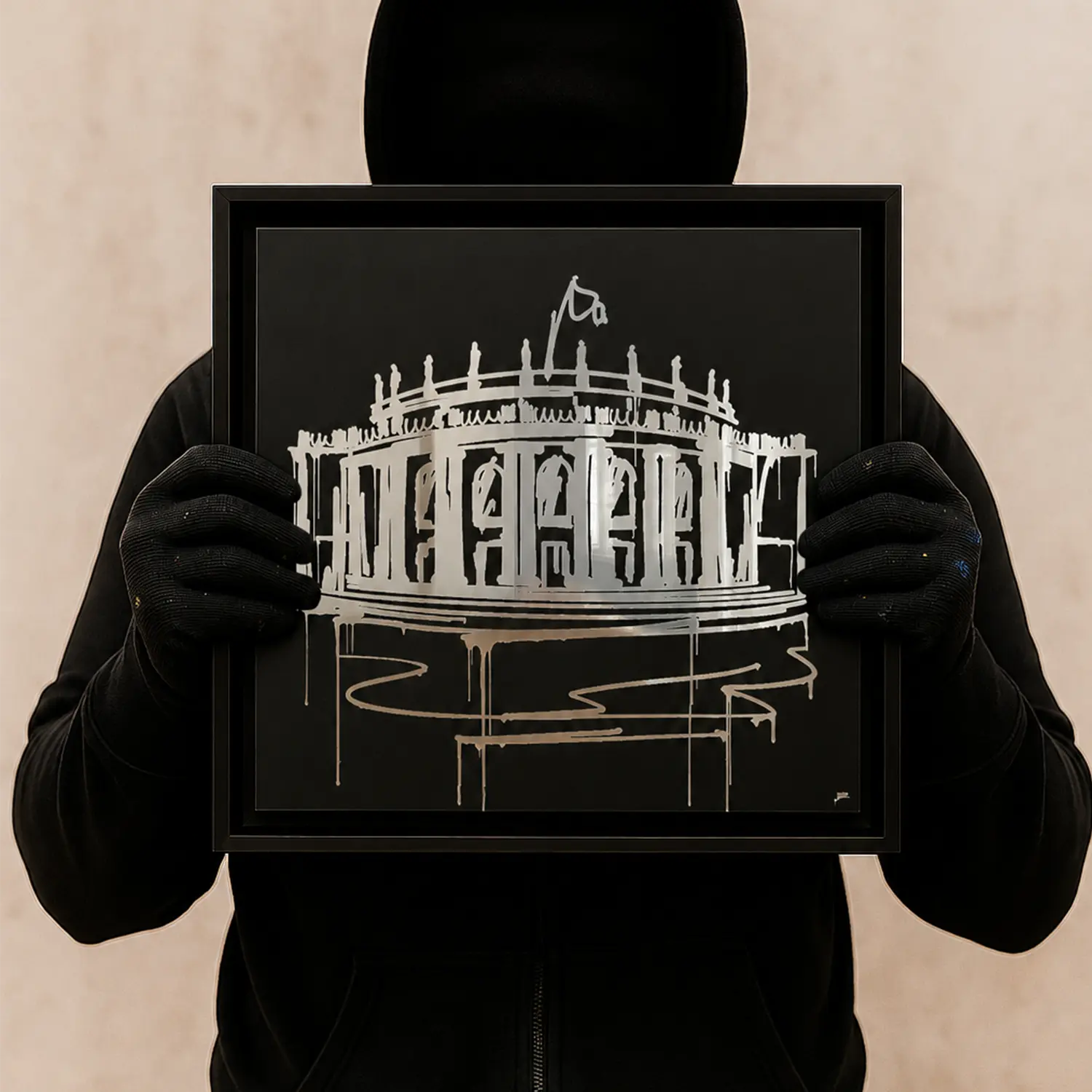 Handgehaltener Staatsoper Stuttgart Designspiegel von I WAS HERE mit spiegelnder Motivfläche