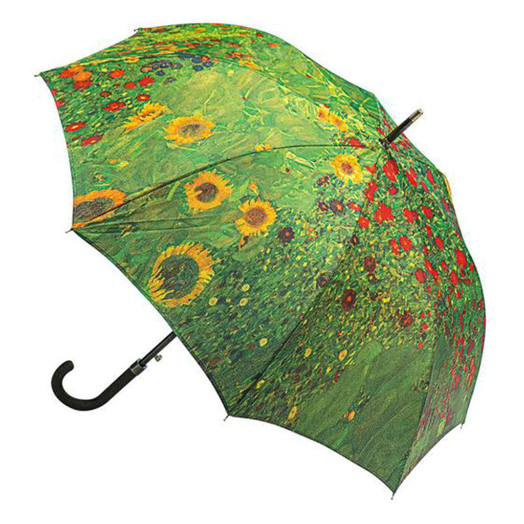 Der Stockschirm „Bauerngarten mit Sonnenblumen“ besticht durch sein lebendiges, florales Jugendstil-Design mit Sonnenblumen, Mohnblumen und üppigem Grün. Er ist mit einem eleganten, geschwungenen schwarzen Griff versehen.