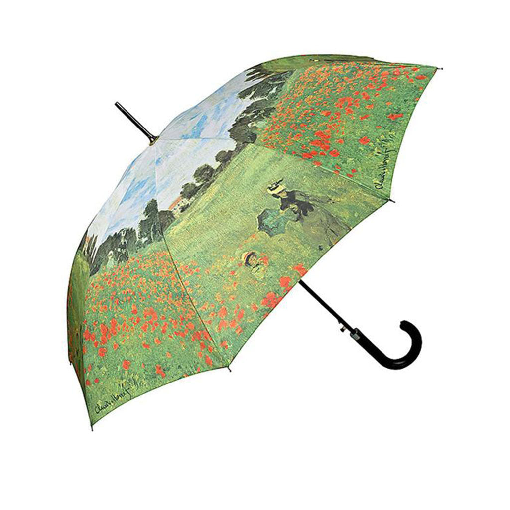 Der Stockschirm „Mohnfeld bei Argenteuil“ zeigt ein lebendiges Motiv mit roten Mohnblumen, ähnlich wie bei Monet, und Menschen, die unter dem leicht bewölkten Himmel spazieren. Er wird durch einen schwarzen, geschwungenen Griff veredelt.