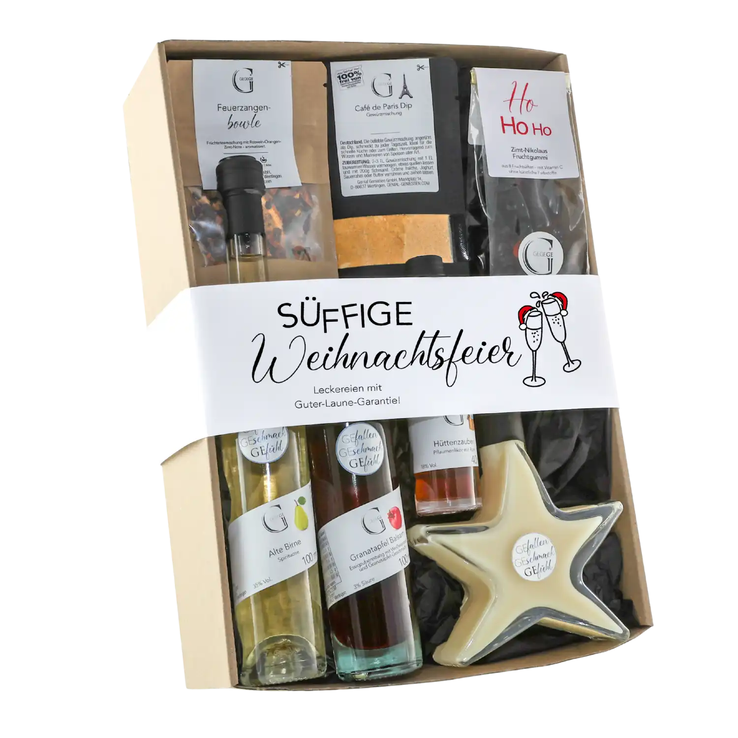 Süffige Weihnachtsfeier Geschenkset: Festliche Getränke, Snacks Vanillekipferl-Likör