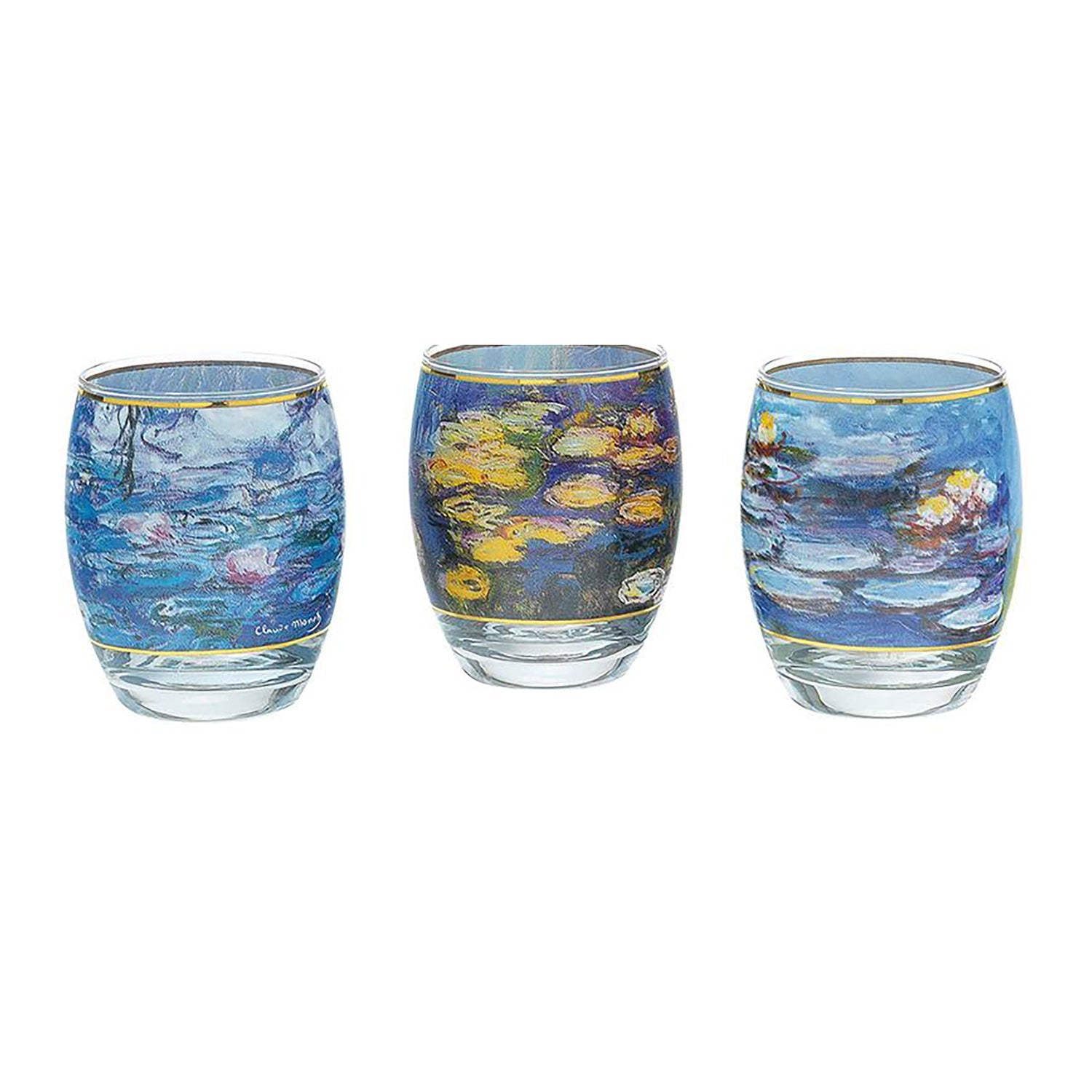 Die 3 Teelichtgläser mit Künstlermotiven (Set 2) fangen wunderschöne, von Monet inspirierte Seerosen ein und zeigen einzigartige Muster in Blau-, Grün- und Lilatönen. Diese Glasbecher ähneln zarten Kunstwerken und heben sich elegant von einem schlichten weißen Hintergrund ab.