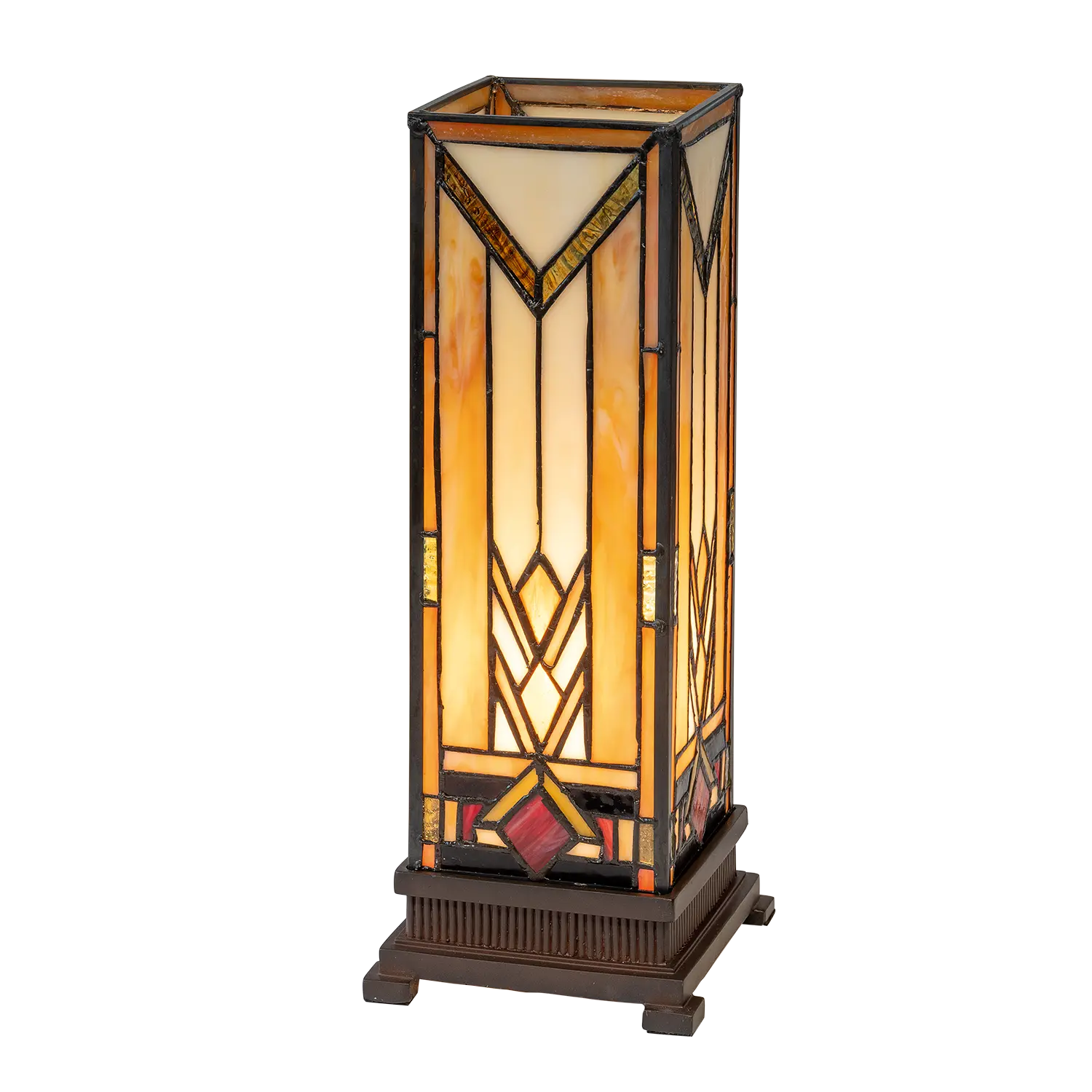 Tischlampe "Soiree" im Tiffany-Stil mit Art Deco Muster, beleuchtet.