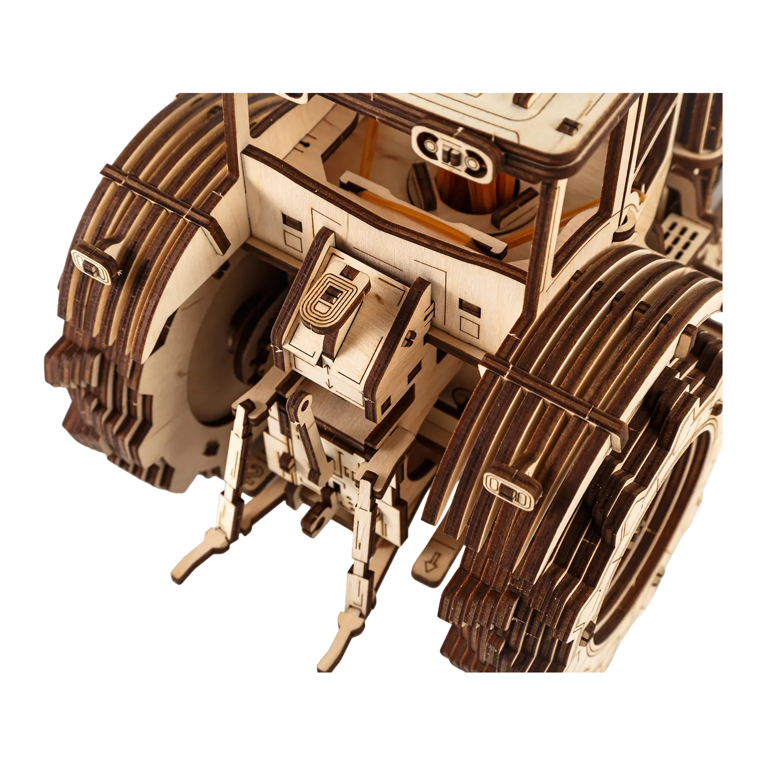 3D-Holzpuzzle Traktor von hinten mit sichtbaren Zahnrädern im Flexbox-Design.