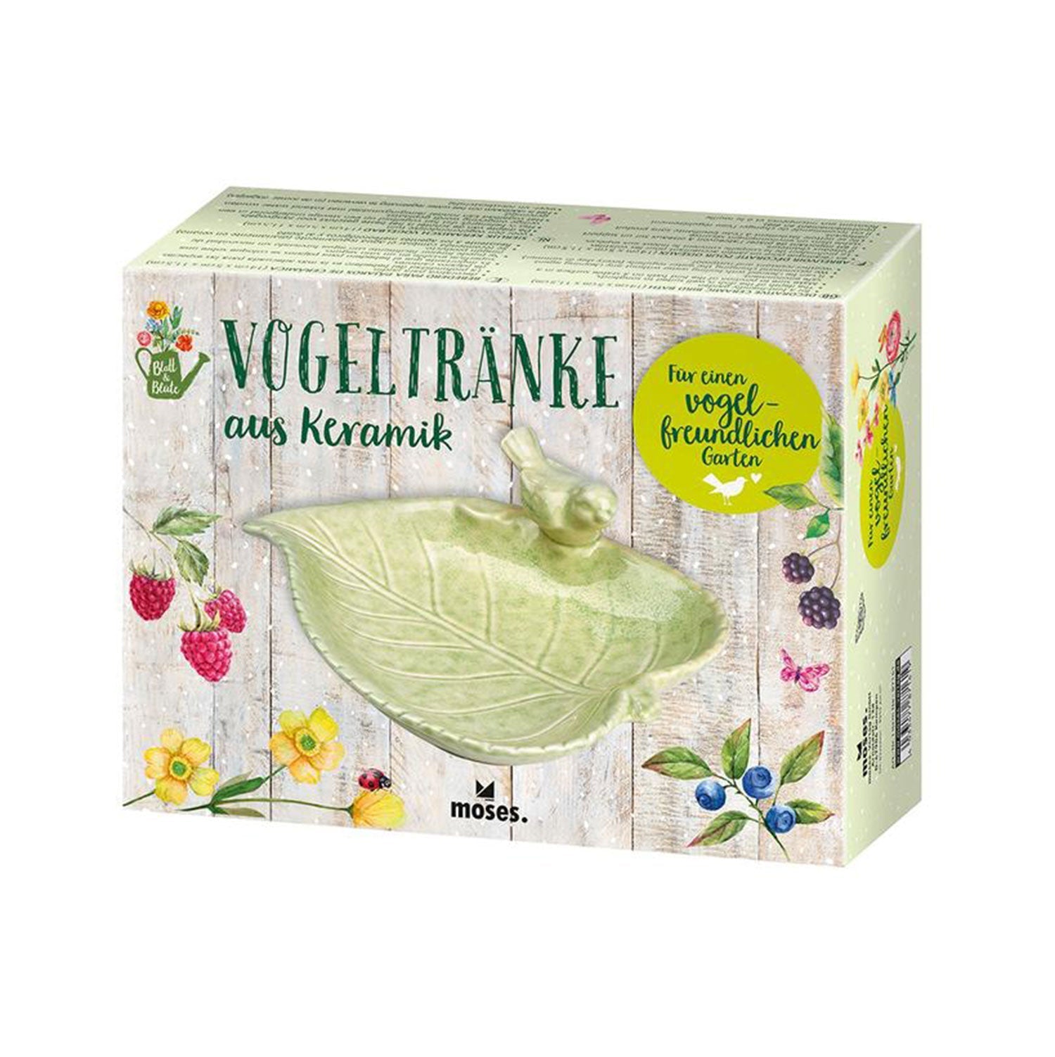 Dose mit einer Vogeltränke aus Keramik, verziert mit Blumen und Beeren.