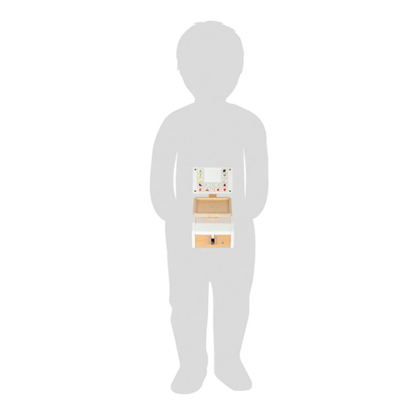 Die Waage mit Zubehör und Spielsteinen wird vor der Silhouette eines Kindes abgebildet.