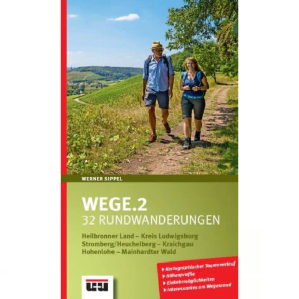 Ein Mann und eine Frau wandern auf einem malerischen Grasweg; Deutscher Wanderführer-Cover mit dem Titel WEGE.2, mit Rundwanderungen in der Nähe von Heilbronn.
