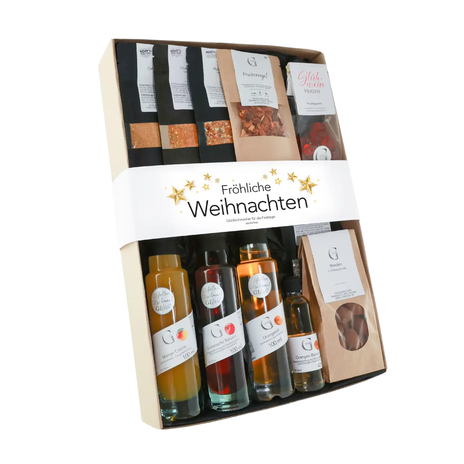 Fröhliches Weihnachtsgeschenkset in Geschenkbox, festlich verpackt.