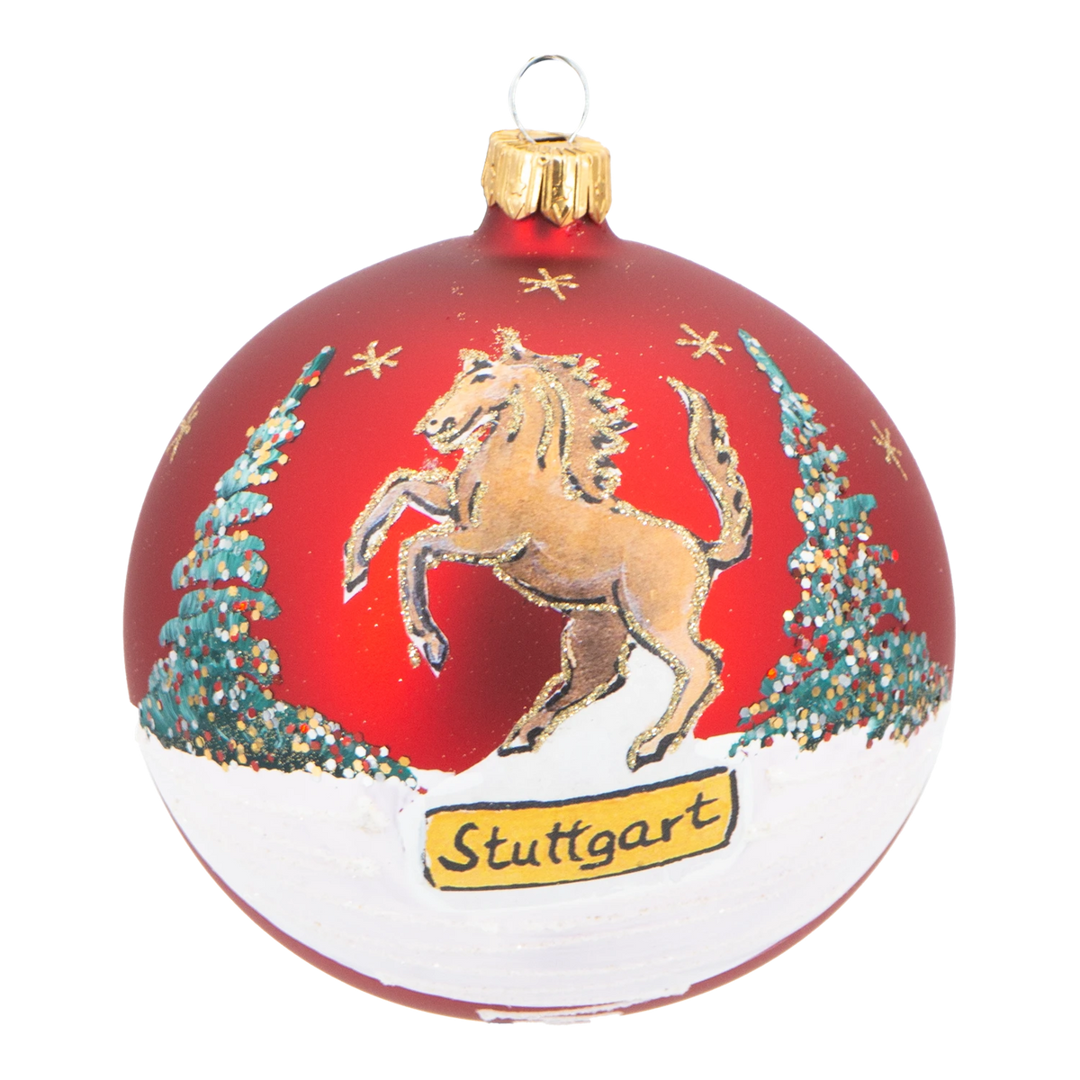 Rote Weihnachtskugel mit Stuttgarter Rössle und Schriftzug Stuttgart