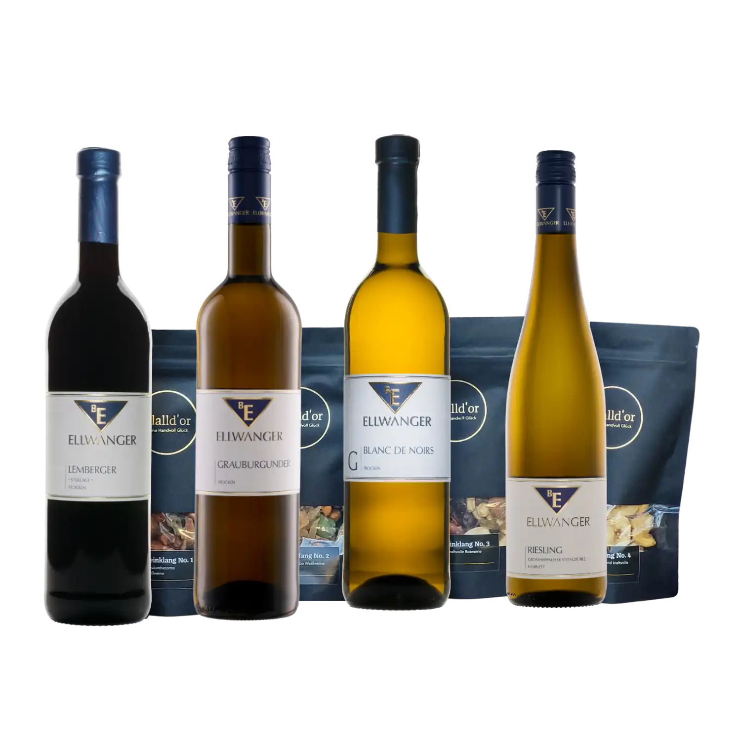 Wein Nuss - 4er Paket mit 4 Nussmischungen im Hintergrund