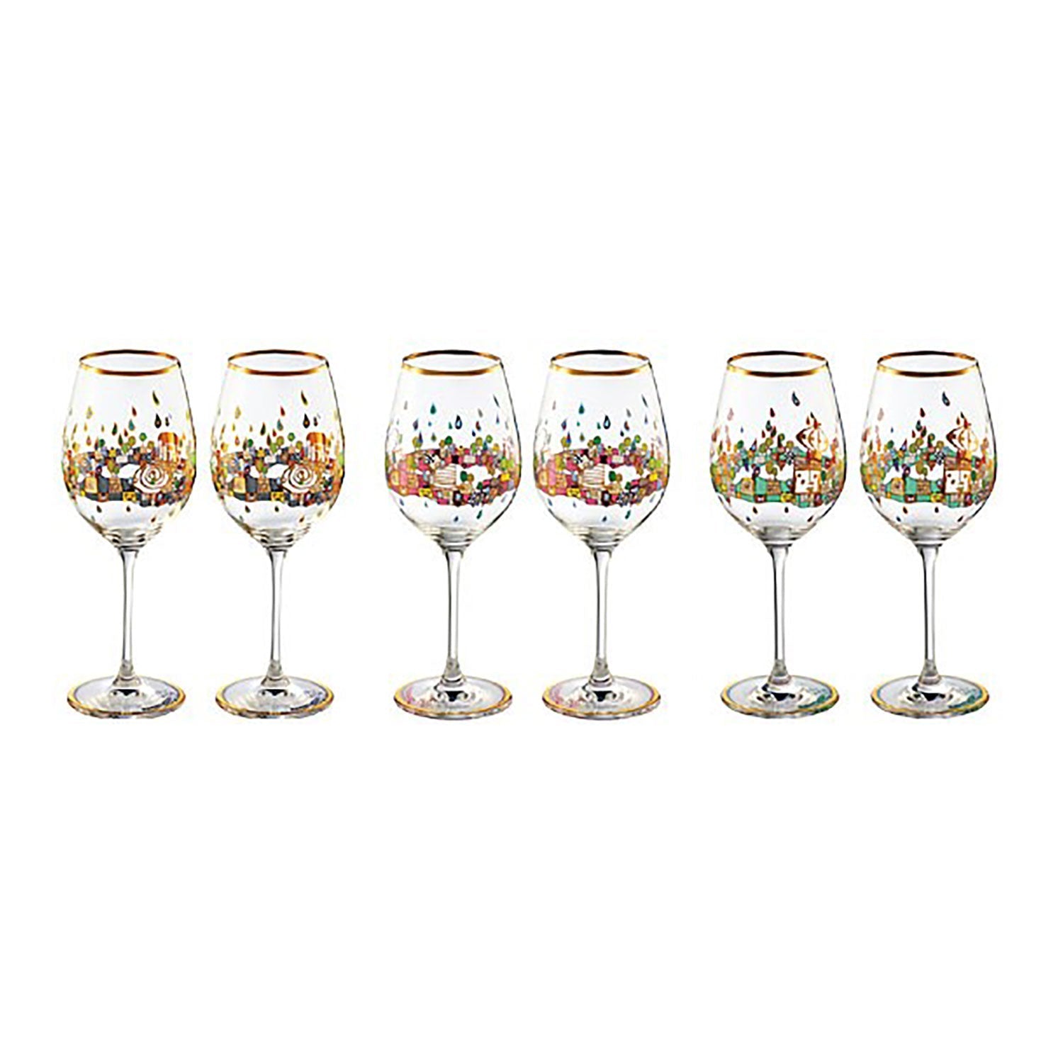 Moderne Weingläser für Rotwein mit Hundertwasser Motiven