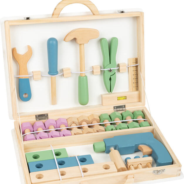 Werkzeug für Kinder ab 3 Jahren: Holz-Kasten mit buntem Werkzeug und Lineal.