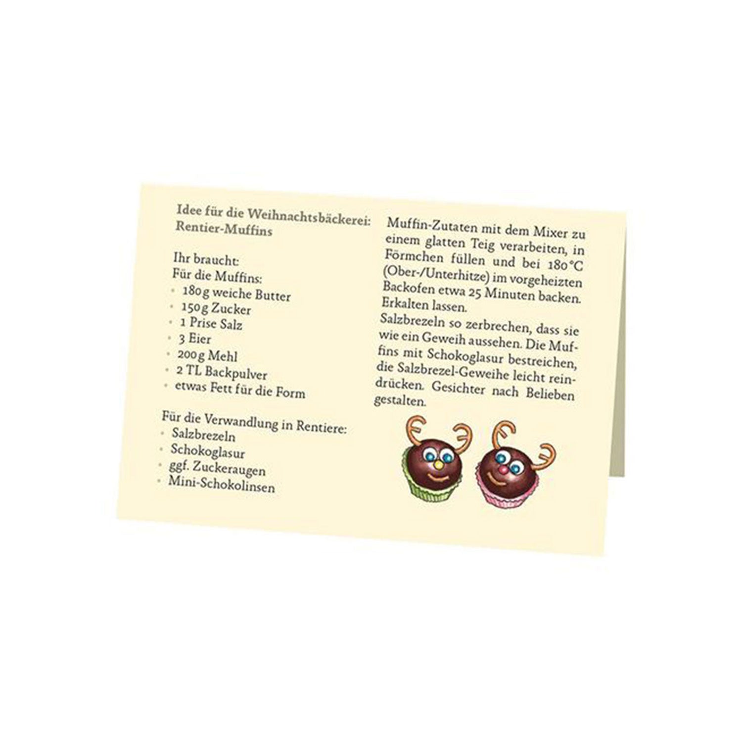 Eine Rezeptkarte für „Rentier-Muffins“ auf Deutsch mit Zutaten und Anleitung. Eine bezaubernde Illustration zeigt zwei Muffins mit Rentiergesichtern, die an ein Weihnachtsmärchen aus Wichtel Weihnachten erinnern.