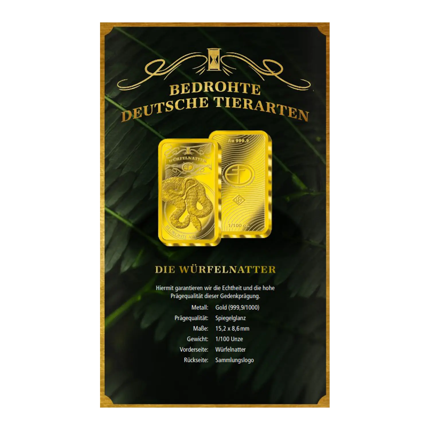 Goldbarren Bedrohte Tierarten Würfelnatter mit deutscher Aufschrift.