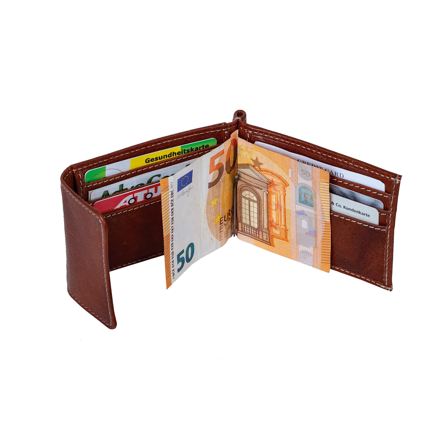 Der offene Geldbeutel ZASTER aus braunem Leder bietet Platz für Euro-Banknoten, verschiedene Karten wie Krankenversicherungskarte und Personalausweis und verfügt über Fächer zur Organisation.