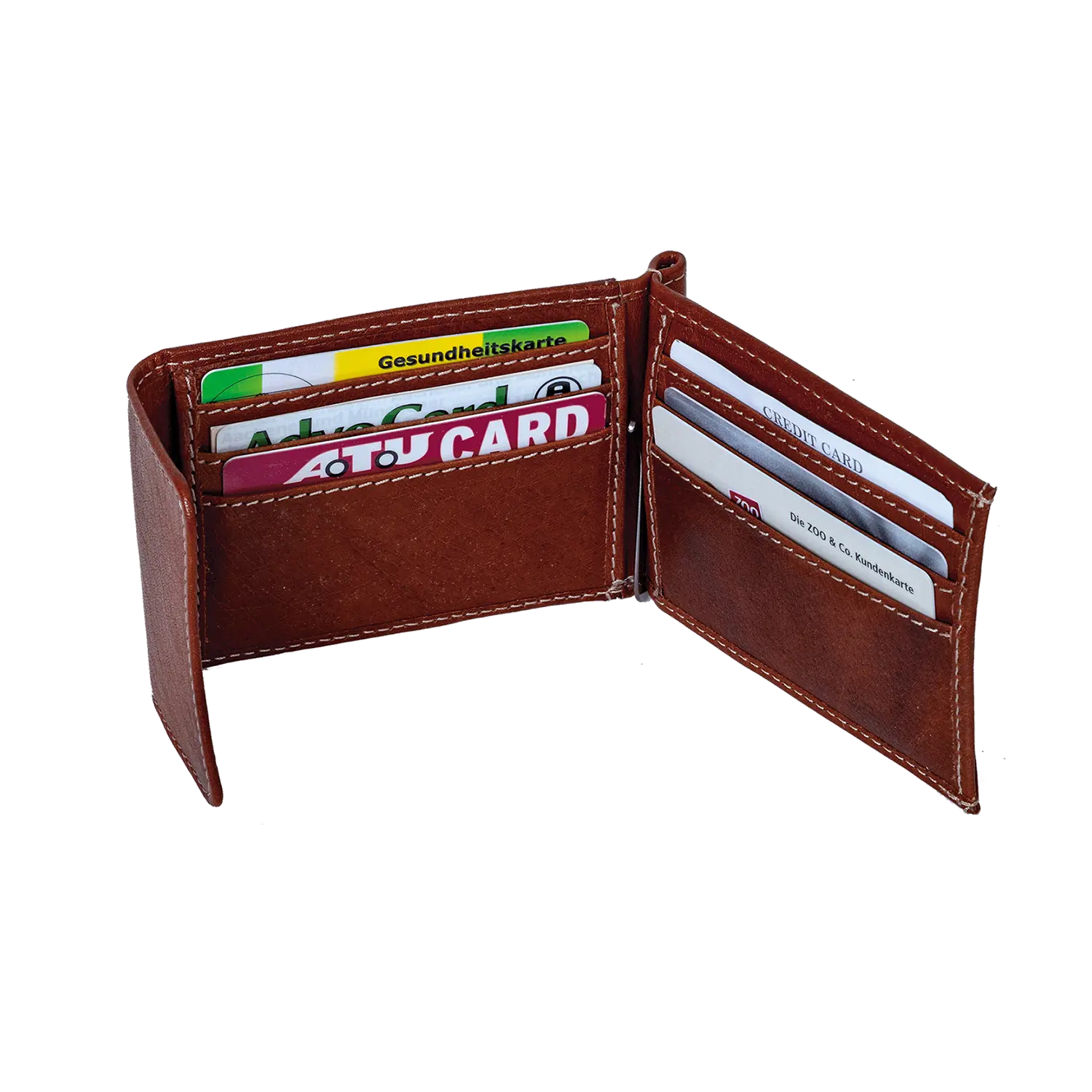 Ein offener Geldbeutel ZASTER aus braunem Leder präsentiert eine Gesundheitskarte und Kreditkarten, ordentlich in seinen Fächern verstaut.
