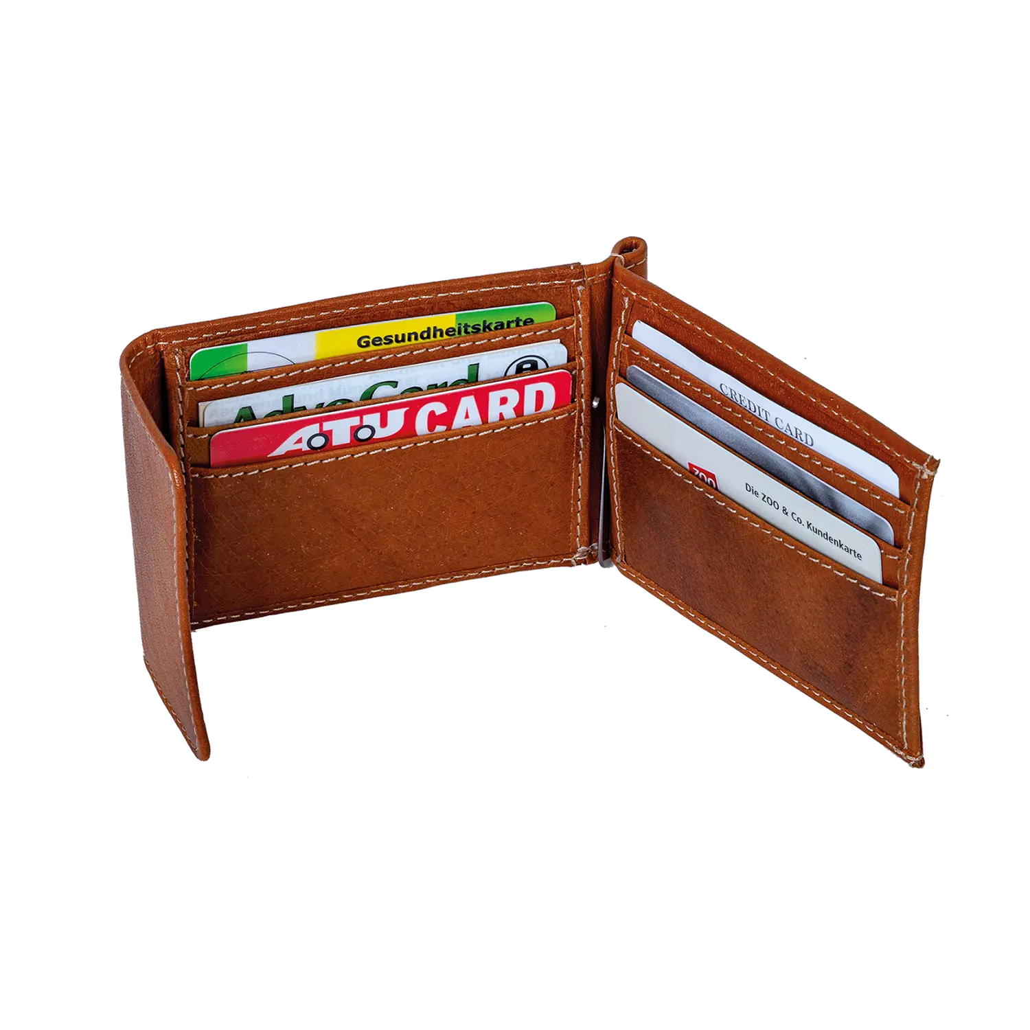 Ein Geldbeutel ZASTER aus braunem Leder steht aufrecht auf einem weißen Hintergrund und präsentiert seine geordneten Fächer, die mit verschiedenen Karten in Rot, Weiß, Gelb und schlichtem Weiß gefüllt sind.