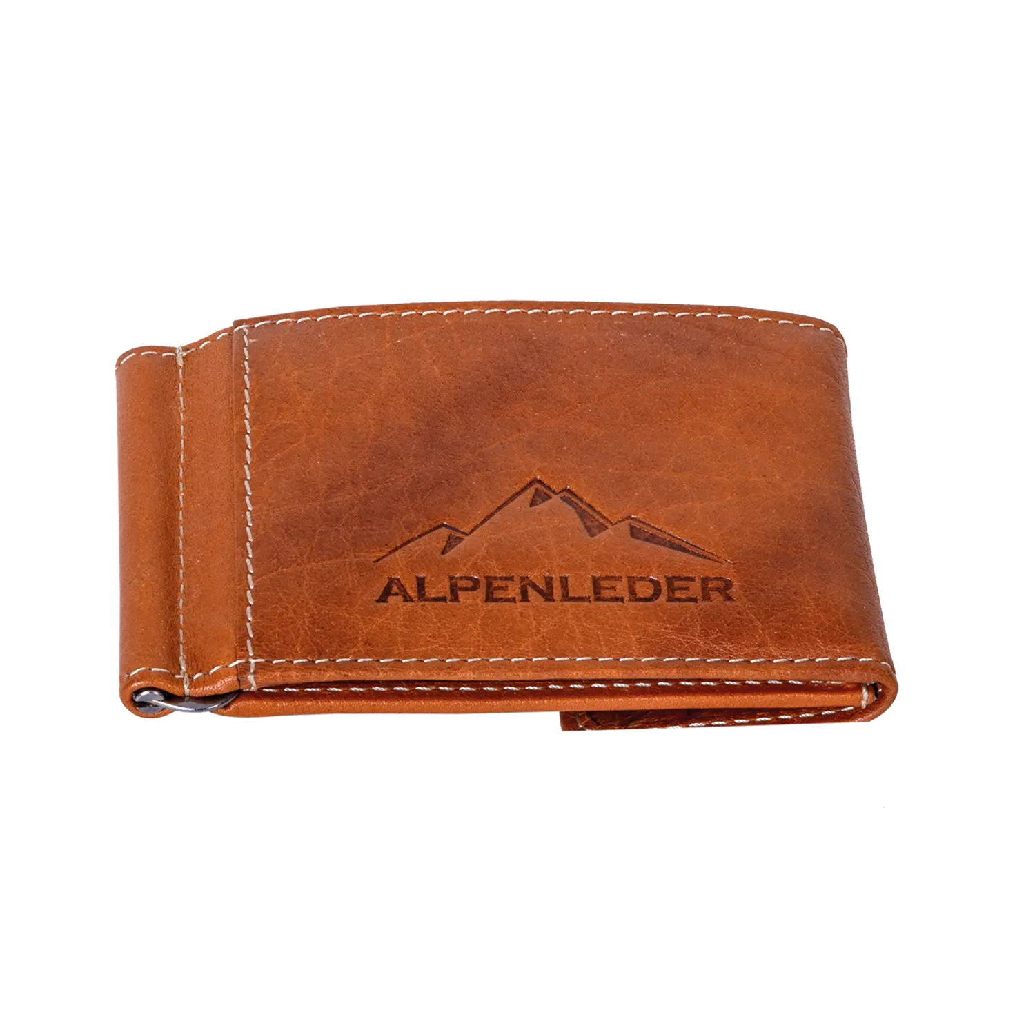 Der Geldbeutel ZASTER ist eine braune Lederbrieftasche mit „ALPENLEDER“ und Berglogo. Er besticht durch sichtbare weiße Nähte an den Kanten und ein klassisches Zweifach-Faltdesign.