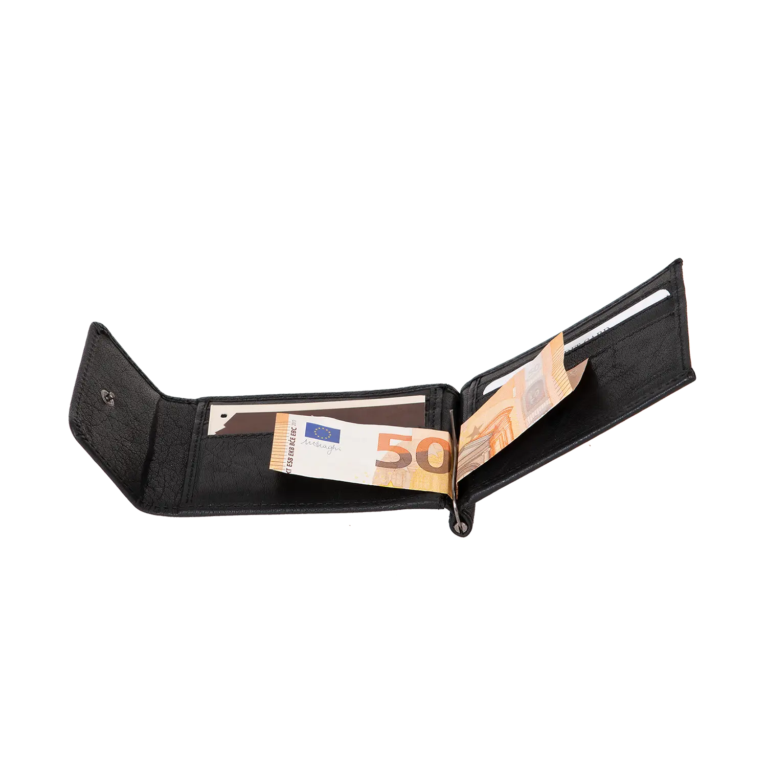 Ein offener Geldbeutel ZASTER aus schwarzem Leder mit mehreren Fächern zeigt eine 50-Euro-Banknote vor einem schlichten weißen Hintergrund.