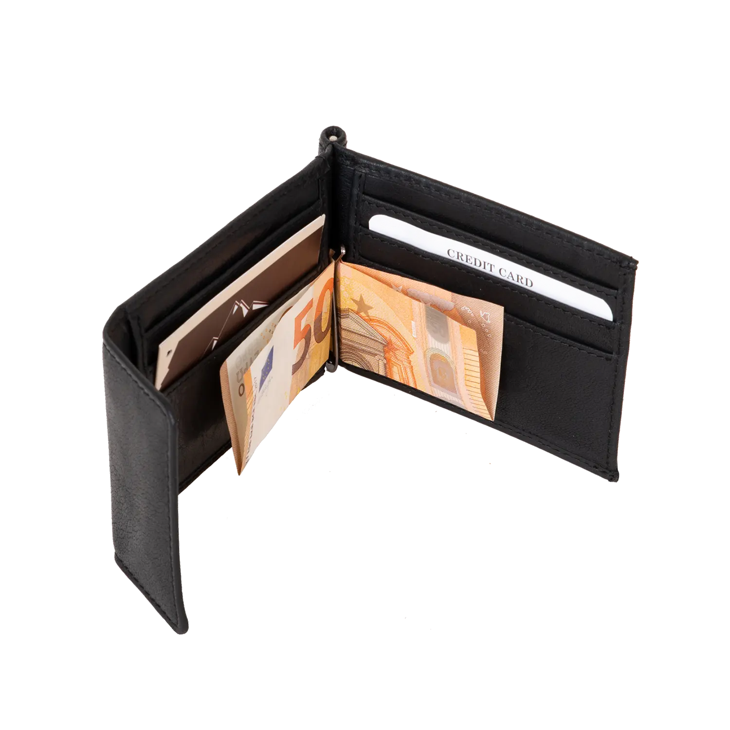 Der schwarze Geldbeutel ZASTER aus Leder steht aufrecht und gibt den Blick auf seine Fächer frei. Ein 50-Euro-Schein lugt neben anderen, teilweise sichtbaren Geldscheinen hervor. Kartenfächer, darunter eines mit der Aufschrift „KREDITKARTE“, sind übersichtlich angeordnet und leicht zugänglich.