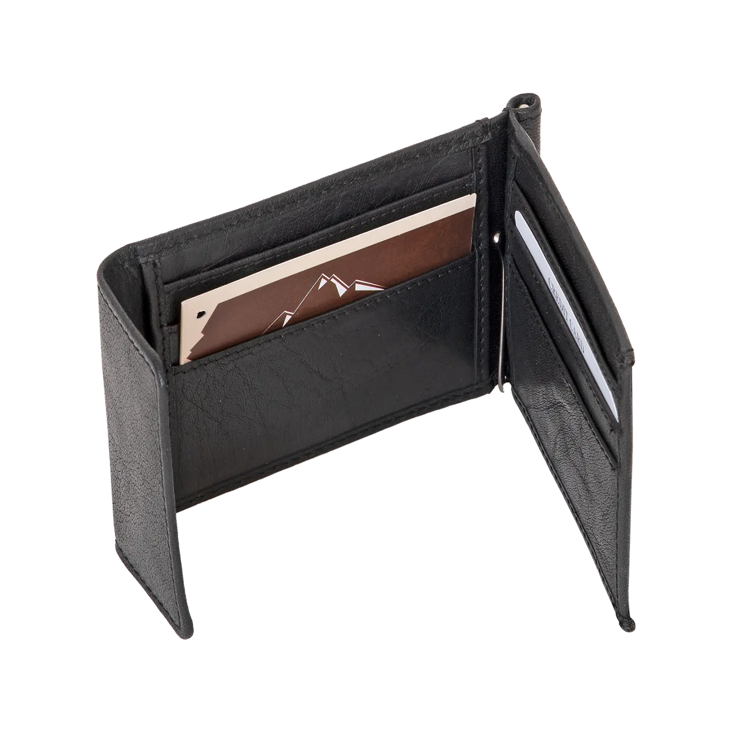 Der offene Geldbeutel ZASTER aus schwarzem Leder verfügt über sichtbare Kartenfächer und bietet sicheren Halt für zwei Karten. Er steht aufrecht und leicht schräg, um die Innenfächer hervorzuheben.