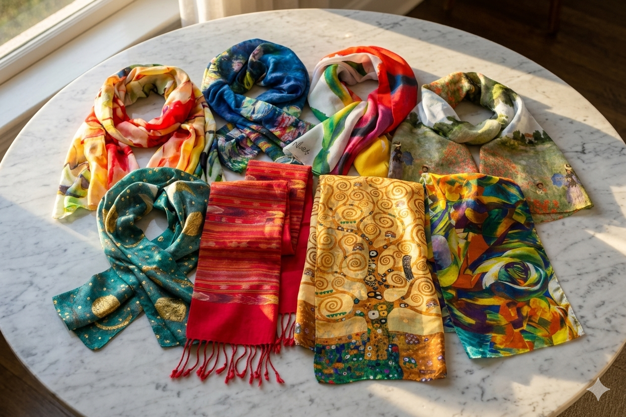 Bunt gemusterte Stoffe oder Schals, die in einer Reihe aufgehängt sind und verschiedene Muster und leuchtende Farben zeigen.