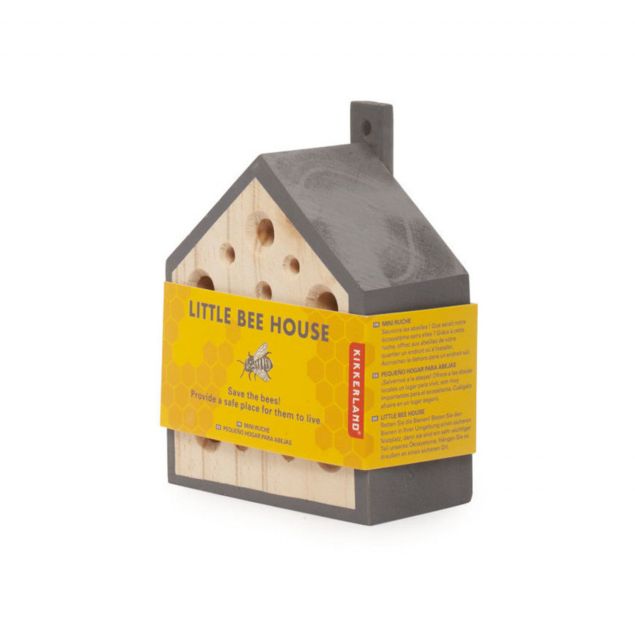 Kleines, graues Bienenhaus aus Holz mit Löchern, verpackt in einer gelben Verpackung mit der Aufschrift „Little Bee House“. Ideal für Bestäuber und Solitärbienen, ist es eine charmante Ergänzung für Ihre Bienenhäuser-Sammlung im Garten.