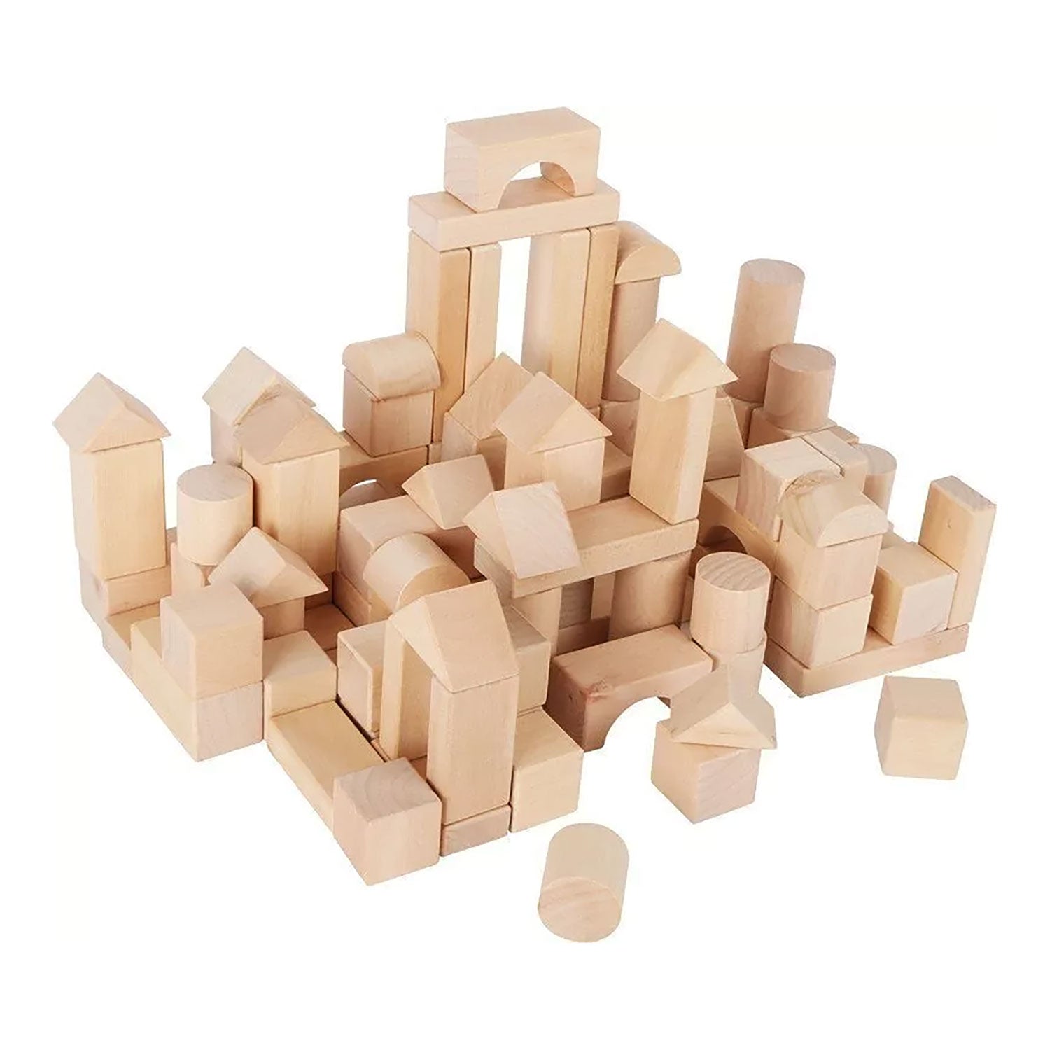 Ein Stapel von Holzbausteinen 100 Stück in verschiedenen Formen und Größen für Kinder.