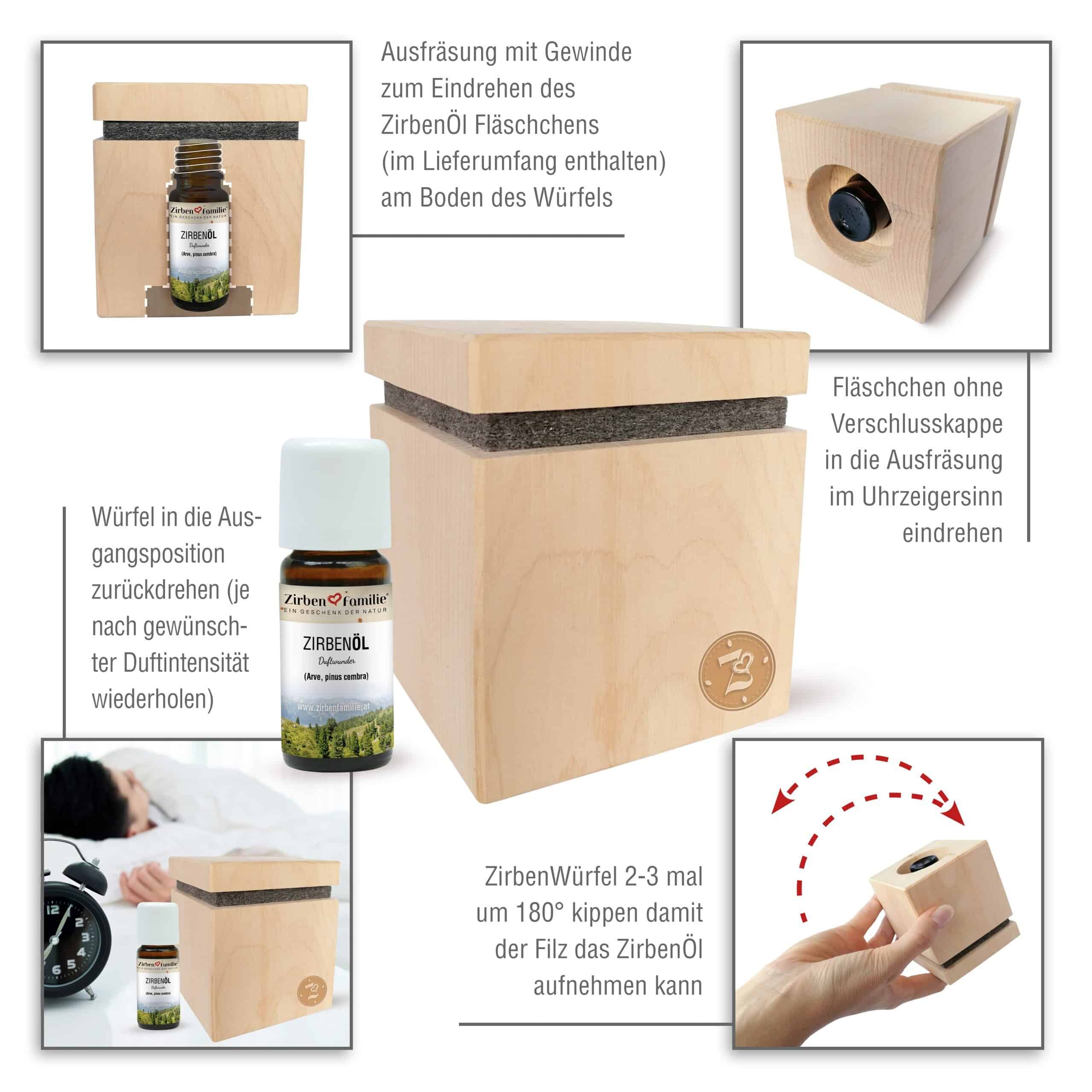 Zirbenwürfel-Set Premium-Edition mit Zirbenöl und deutscher Anleitung.
