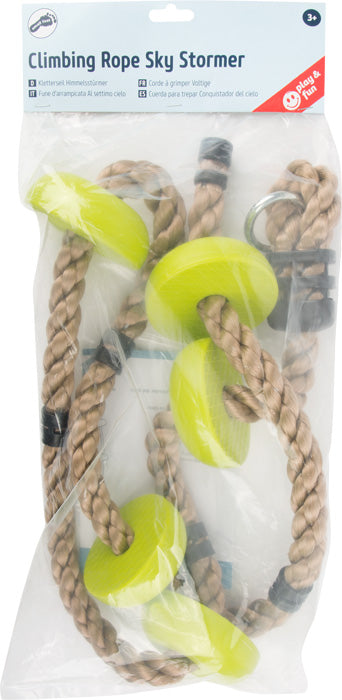 Kletterseilspielzeug mit gelben Trittflächenscheiben, verpackt in durchsichtigem Kunststoff, beschriftet mit Climbing Rope Sky Stormer – perfekt für kleine Kletteraffen.