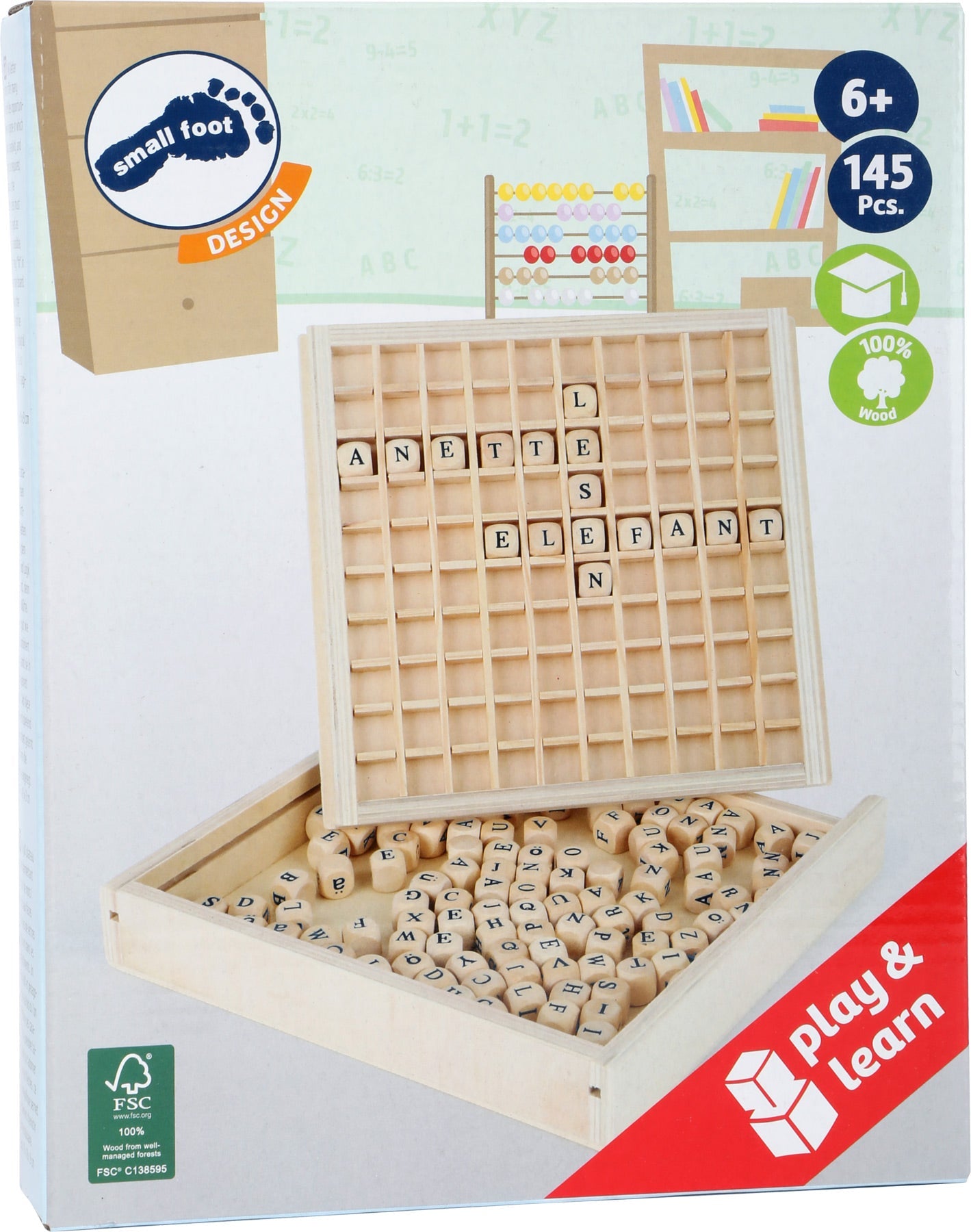 Wortlegespiel-Set aus Holz mit Würfeln und Gitter, hergestellt aus FSC® 100%-zertifiziertem Holz, gekennzeichnet für Kinder ab 6 Jahren und mit 145 Teilen.