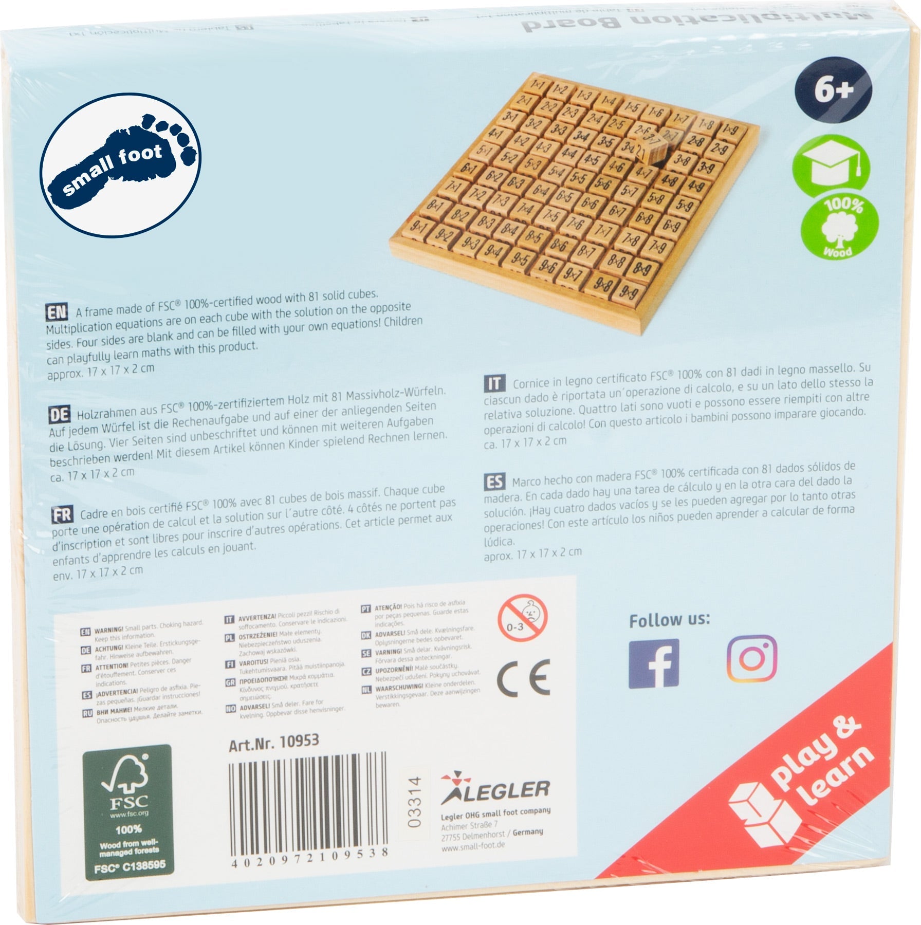 Rückseite einer hölzernen Multiplikations-Brettspielbox mit Produktinformationen, Social-Media-Symbolen und Details zum stabilen Holzrahmen und Massivholz-Würfel für ein spannendes Rechenspiel.