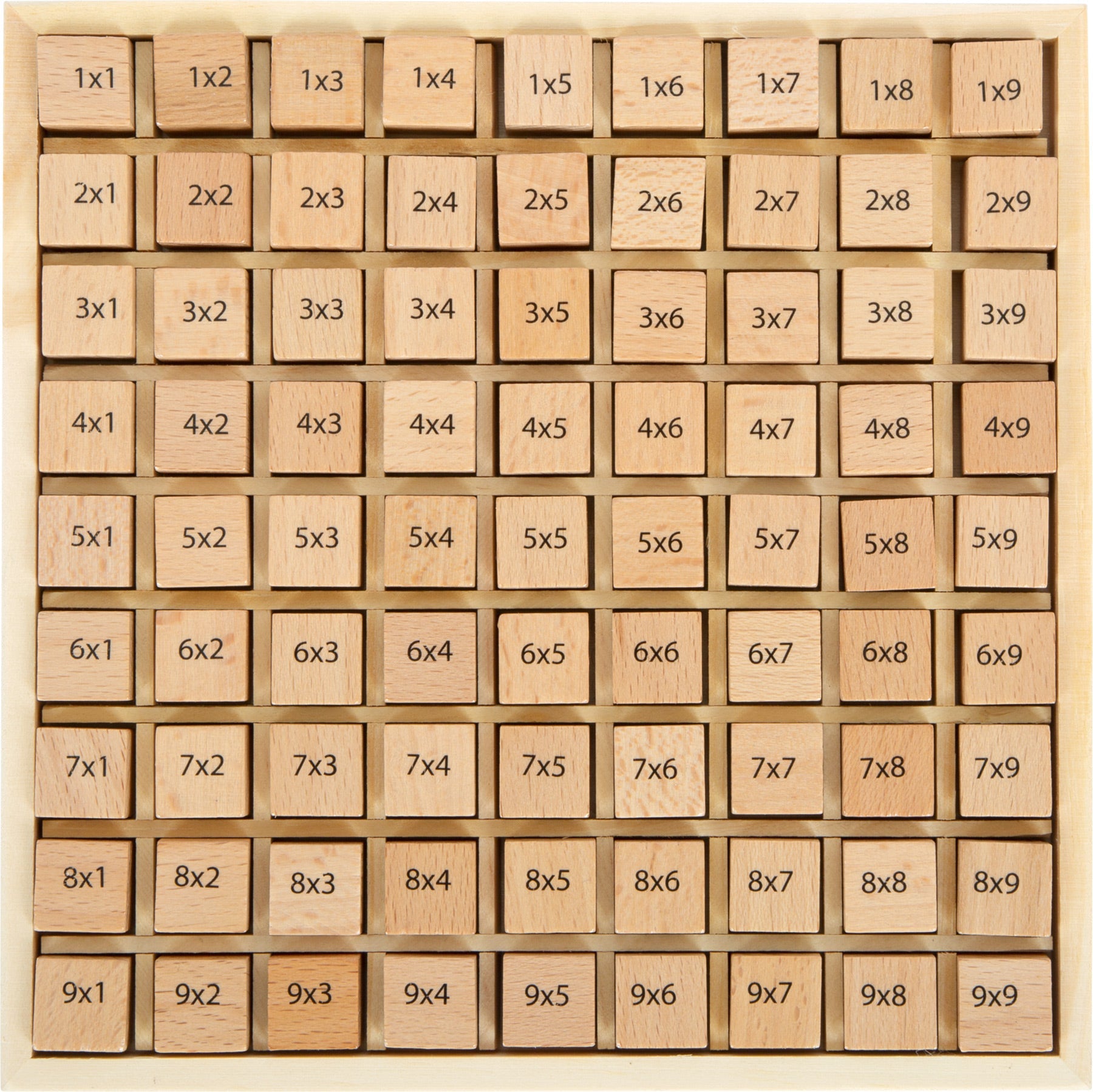 Hölzerne Multiplikationstabellenblöcke in einem Raster angeordnet, beschriftet von 1x1 bis 9x9, aus Massivholz-Würfel gefertigt und sauber in einen stabilen Holzrahmen eingesetzt.