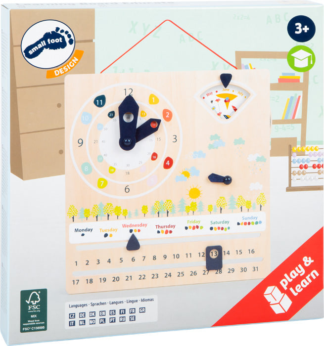 Lernkalender und Uhr aus Holz für Kinder ab 3 Jahren mit Wochentagen, Daten und Wetteranzeigen. Dieses Holzspielzeug fördert die Feinmotorik, während Kinder das Lesen der Lernuhr erlernen.
