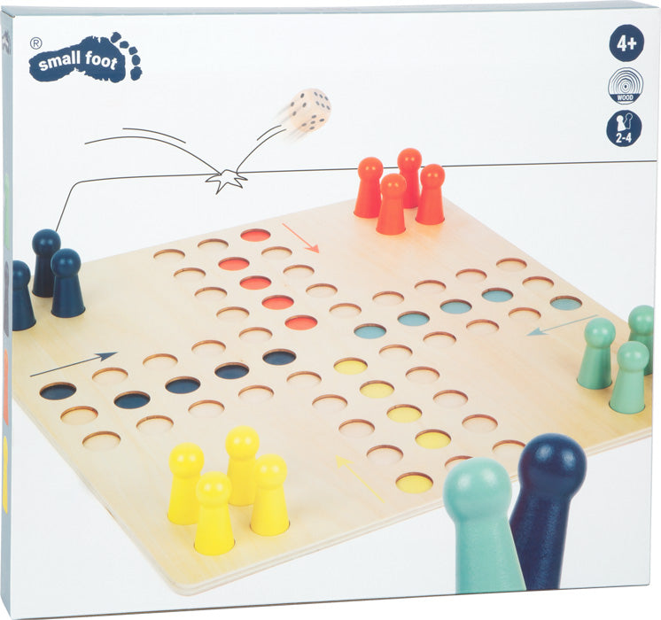 Ludo Spiel aus Holz XL mit lebendigen Spielsteinen und Würfeln, die über dem Spielbrett schweben.