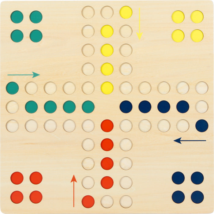 Ludo Spiel aus Holz XL: Holzspiel mit farbigen Figuren und Bewegungspfeilen.