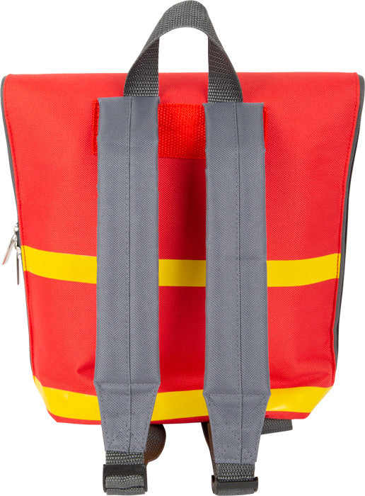 Rot-gelber Rettungsrucksack mit grauen Trägern, ideal für Notarzt-Spielset oder Arzt-Patienten-Rollenspiel, von hinten dargestellt auf weißem Hintergrund.